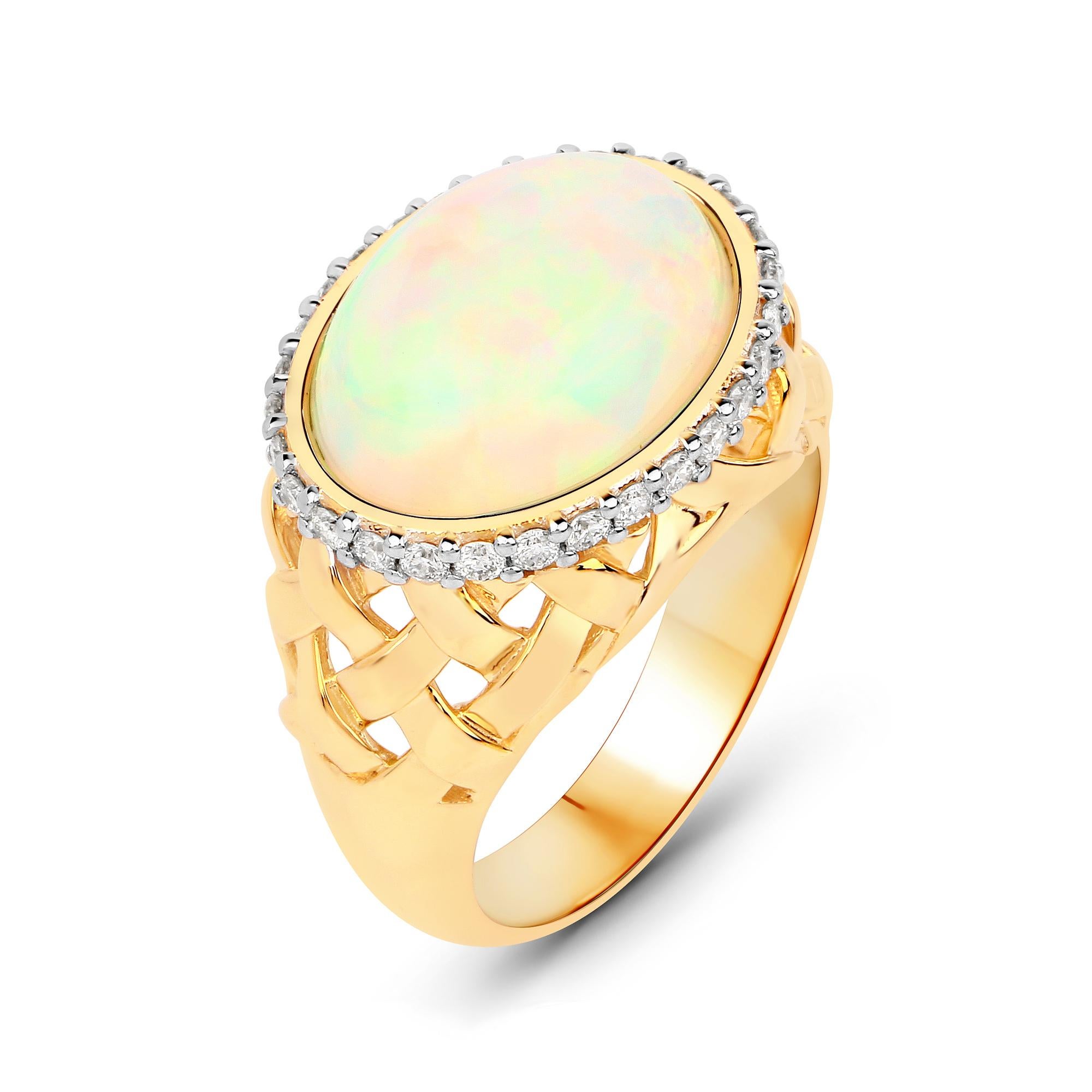 Oval Cut 5.00 Carat Ethiopian Opal and Diamond 14 Karat Yellow Gold Ring