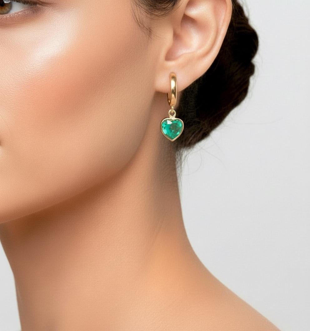 5.00 Carat Heart Shape Colombian Emerald 18 Karat Yellow Gold Dangles