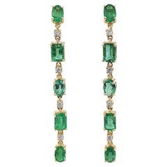 5.00 Carat Long Emerald and 0.20 Ct Diamond, 14 kt. Yellow Gold, Earrings
