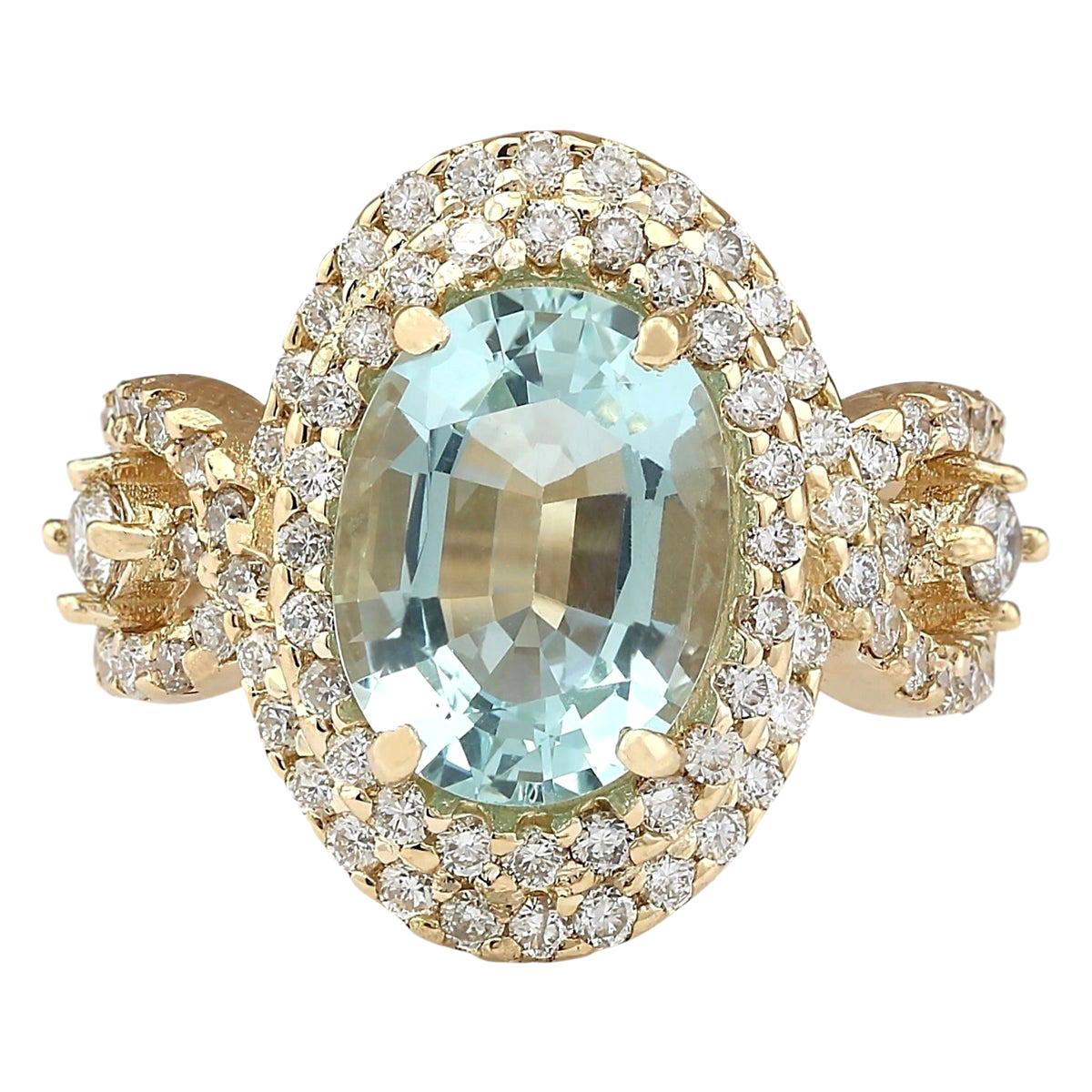 Natural Aquamarine Diamond Ring In 14 Karat Yellow Gold  For Sale