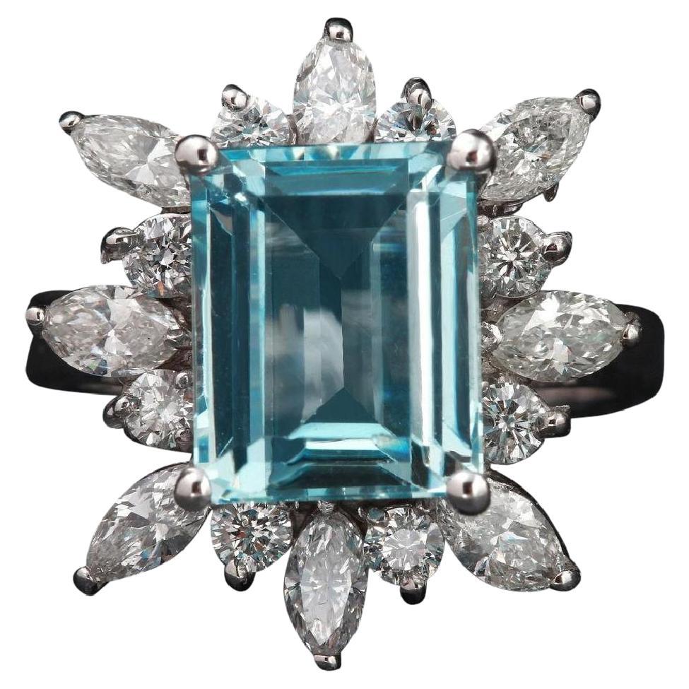 Anello con acquamarina naturale da 5,00 carati e diamante in oro bianco massiccio da 14 carati