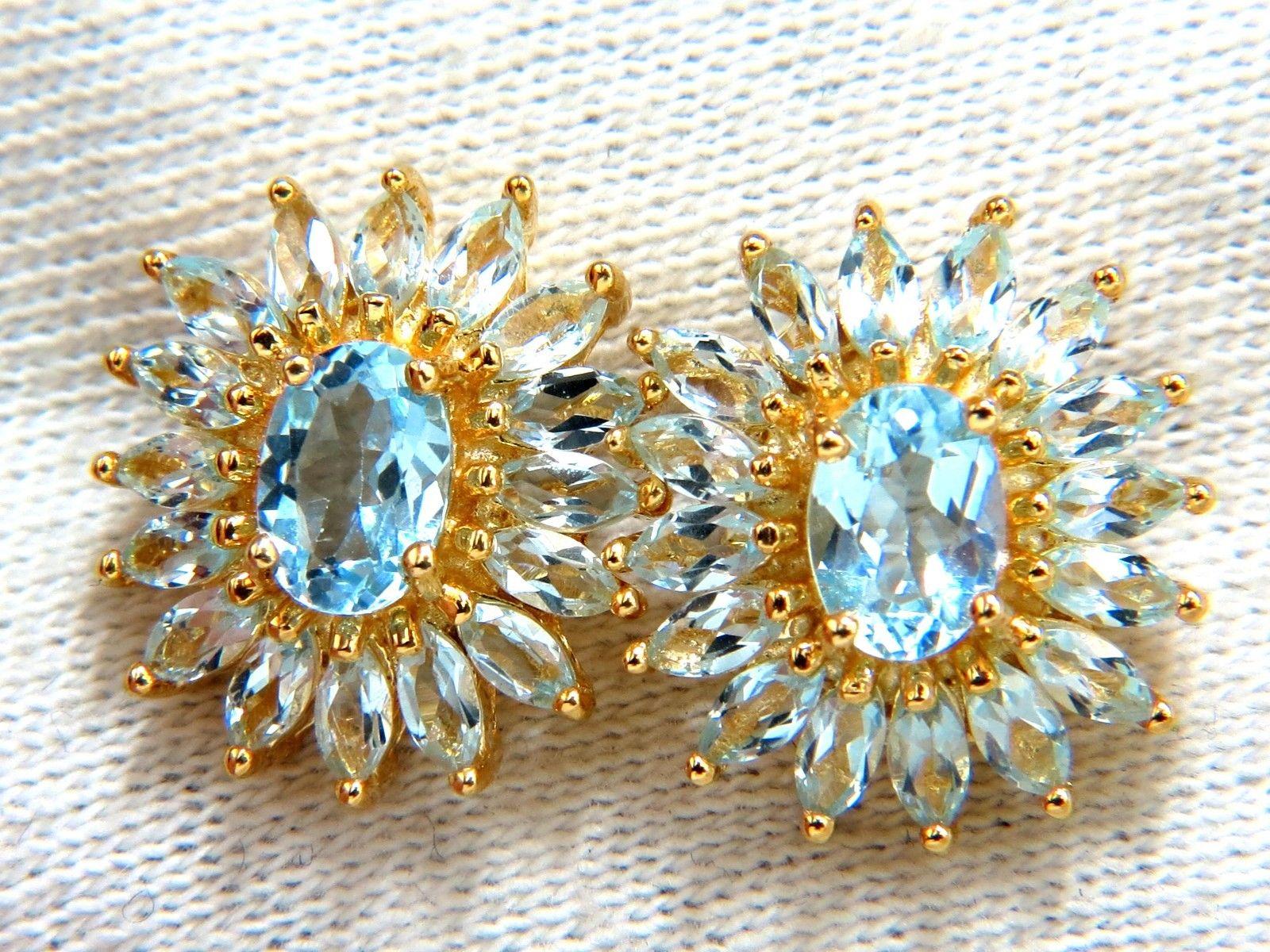 Women's or Men's 5.00 Carat Natural Blue Topaz Cluster Earrings 14 Karat