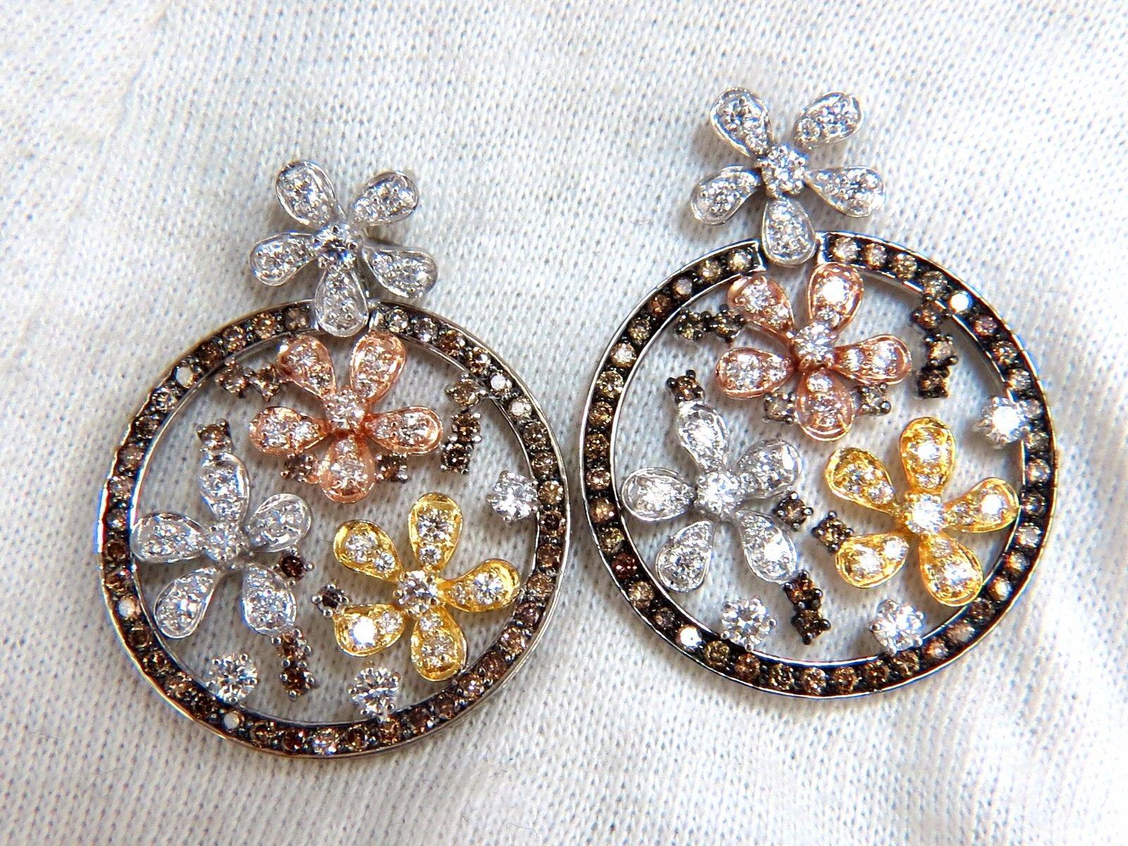 Women's or Men's 5.00 Carat Natural Fancy Color Diamonds Flower Clusters Dangle Earrings 14 Karat