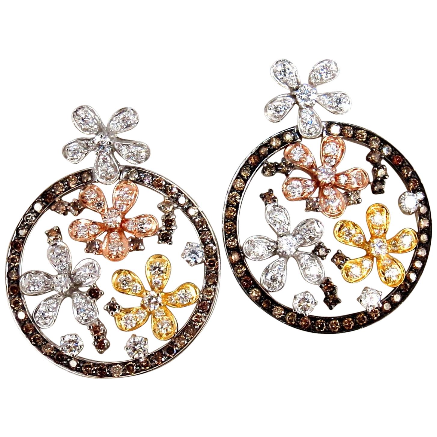 5.00 Carat Natural Fancy Color Diamonds Flower Clusters Dangle Earrings 14 Karat