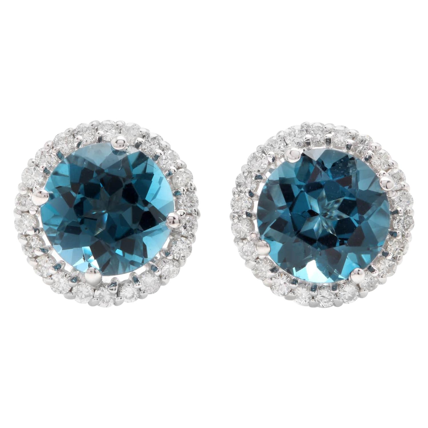 Clous d'oreilles en or blanc massif 14 carats avec topaze bleue naturelle de Londres de 5,00 carats et diamants