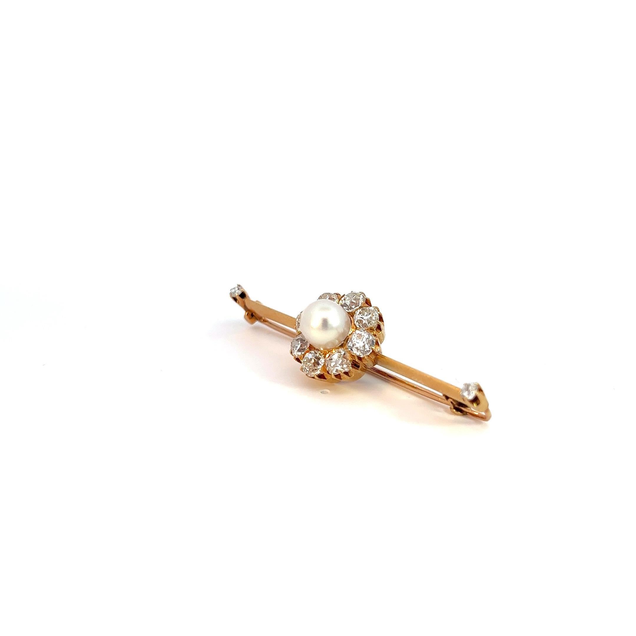 Women's 5.00 Carat Natural Pearl and Old European Cut Diamond Tie Pin 18K Yellow Gold For Sale