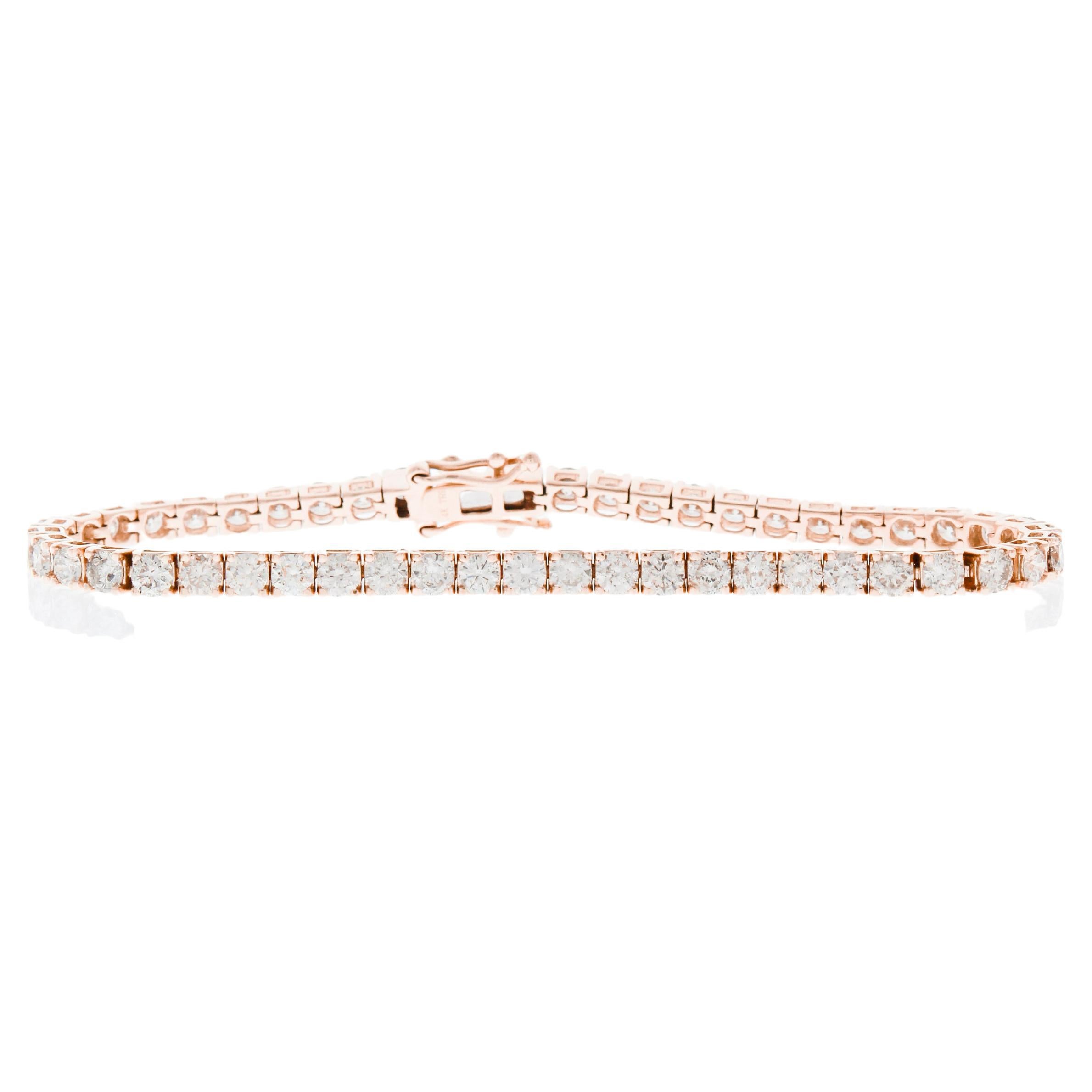 Bracelet tennis à 4 griffes en or rose 14 carats avec diamants ronds naturels de 5,00 carats			