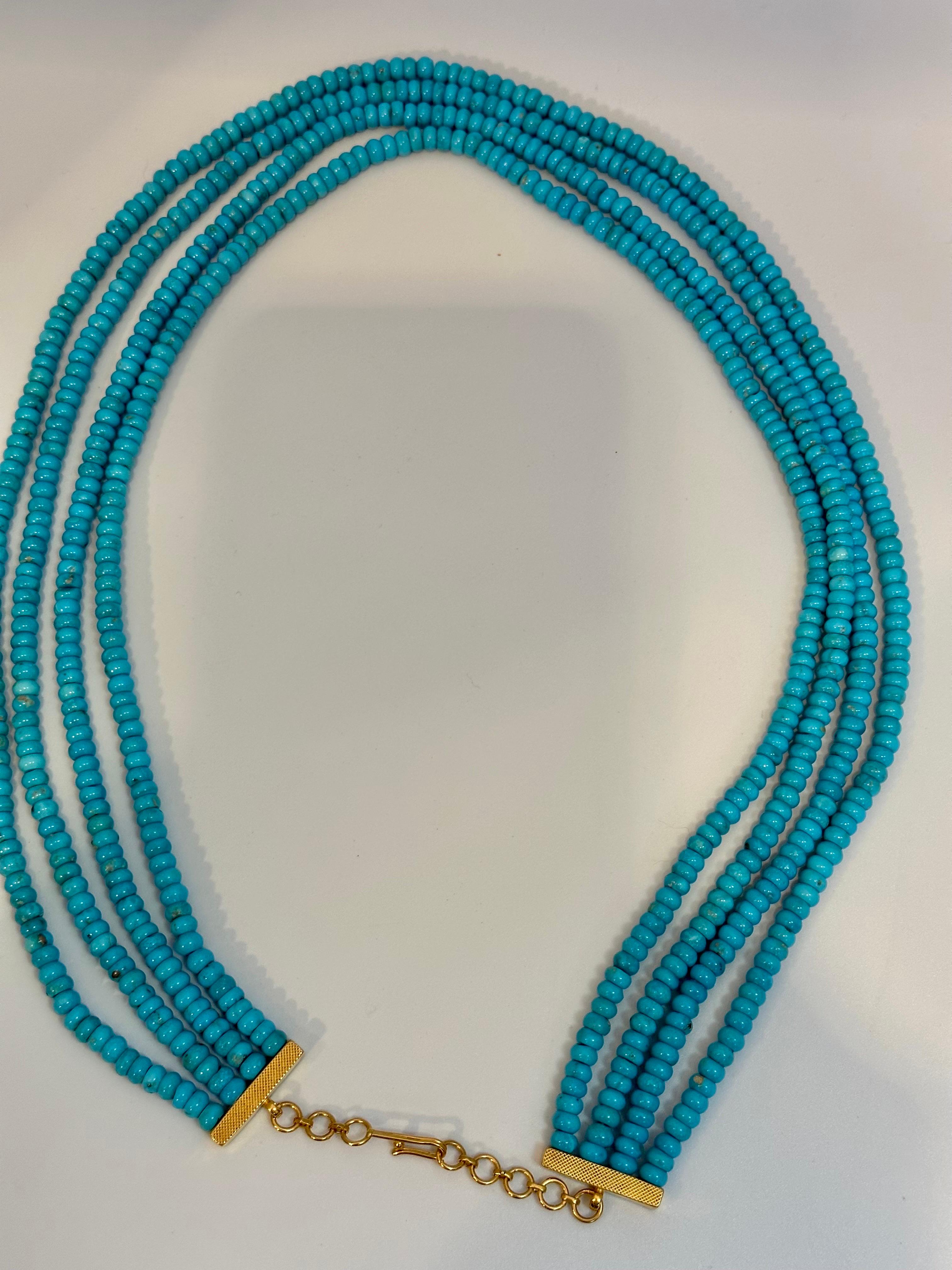 500 Carat Natural Sleeping Beauty Turquoise Necklace, Four Strand 14 Karat Gold
Natural Sleeping Beauty Turquoise which is very hard to find now.
Necklace has 4 strand
Approximately 5 mm each bead
14 Karat  Yellow gold clasp
20 Inches long
Please
