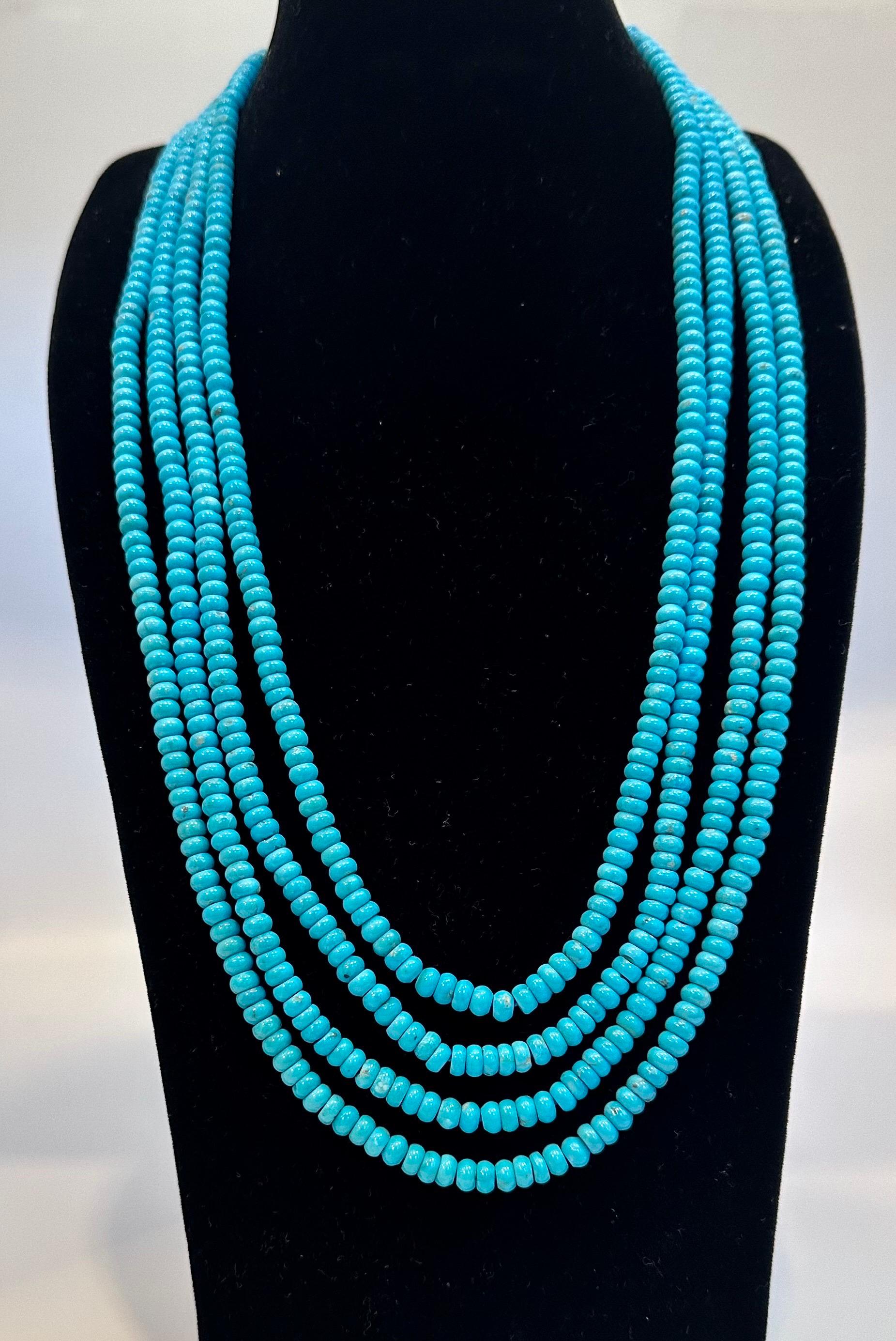 Bead 500 Carat Natural Sleeping Beauty Turquoise Necklace, Four Strand 14 Karat Gold For Sale