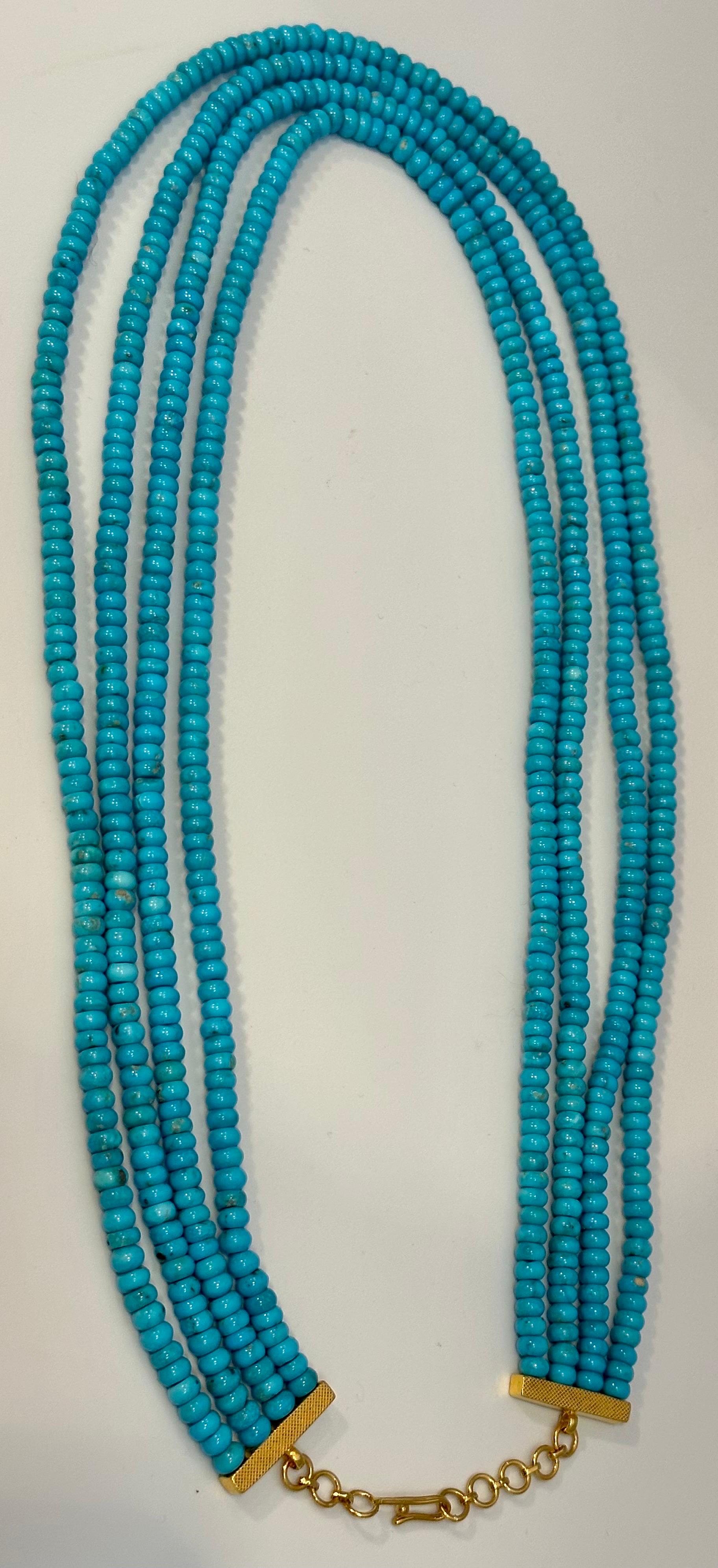 500 Carat Natural Sleeping Beauty Turquoise Necklace, Four Strand 14 Karat Gold In Excellent Condition For Sale In New York, NY