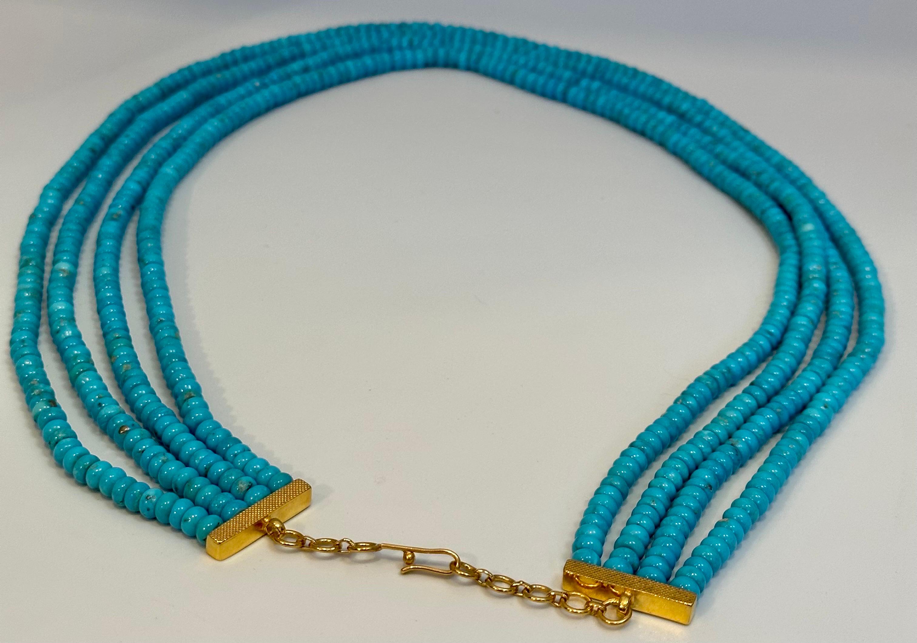 500 Carat Natural Sleeping Beauty Turquoise Necklace, Four Strand 14 Karat Gold For Sale 2