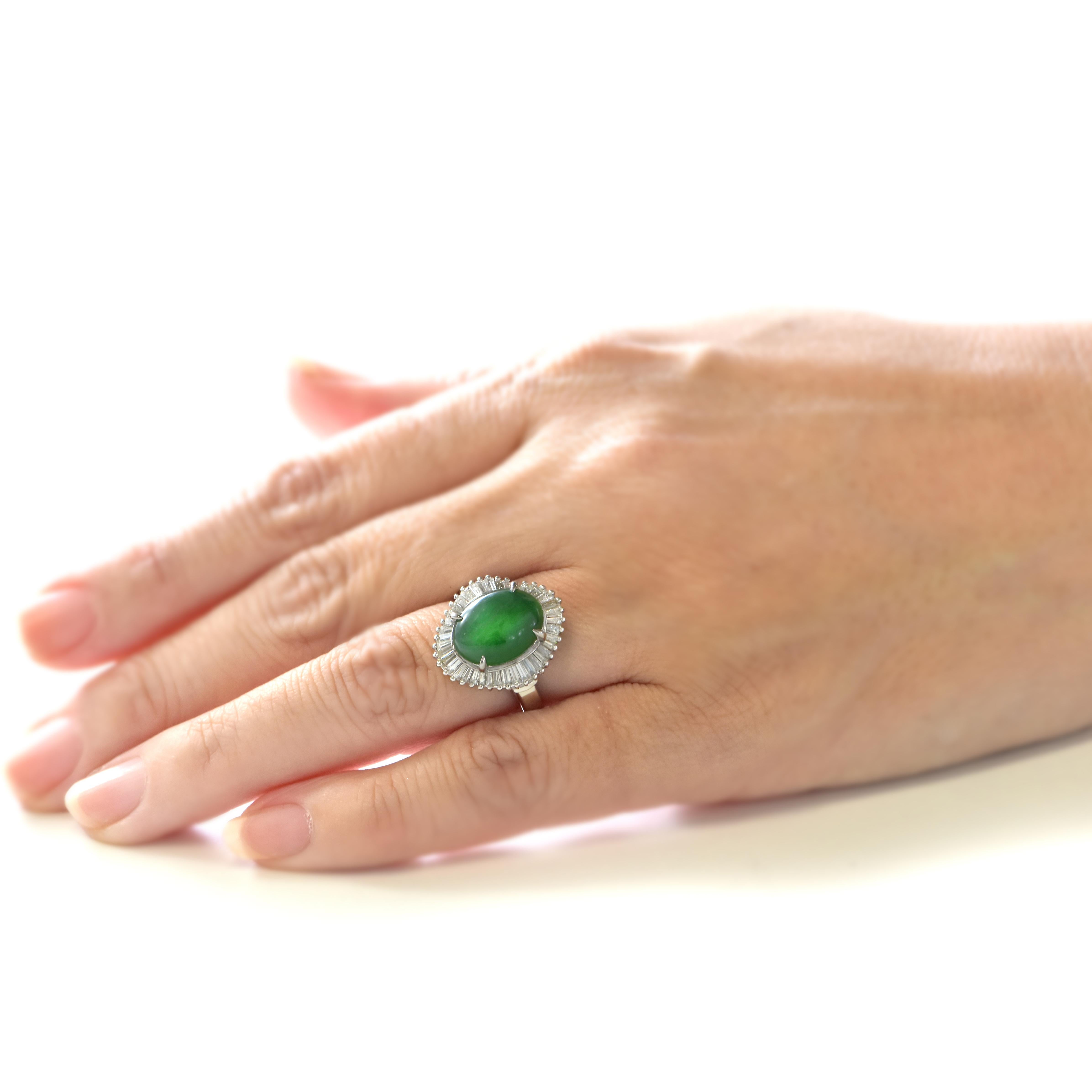 Modern 5.00 Carat Natural Type A Jade and Diamond Ballerina Ring Made in Platinum For Sale