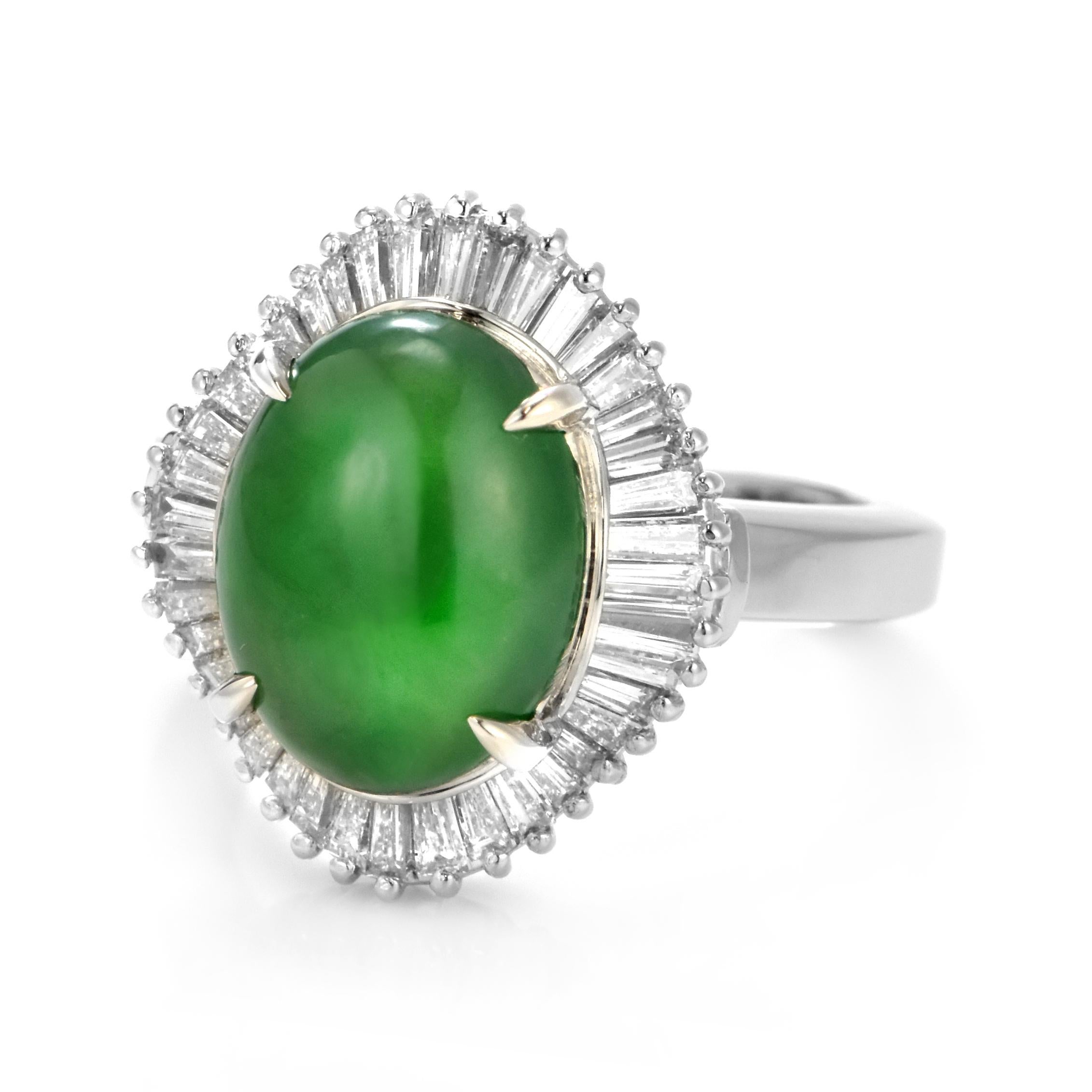 Cabochon 5.00 Carat Natural Type A Jade and Diamond Ballerina Ring Made in Platinum For Sale