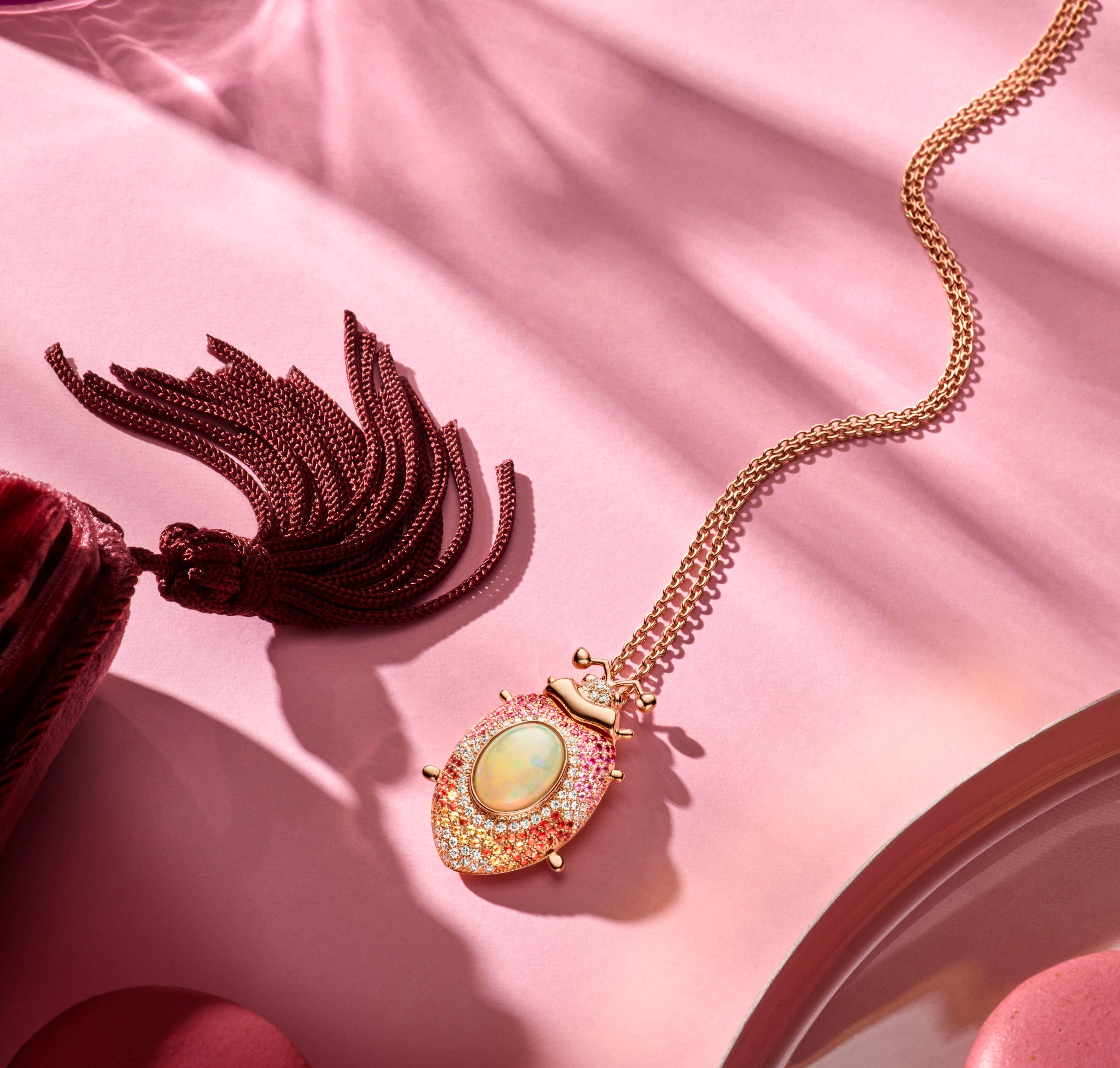 Cabochon 5.00 Carat Opal, Pink, Yellow, Orange Sapphire Diamond Pendant Necklace For Sale
