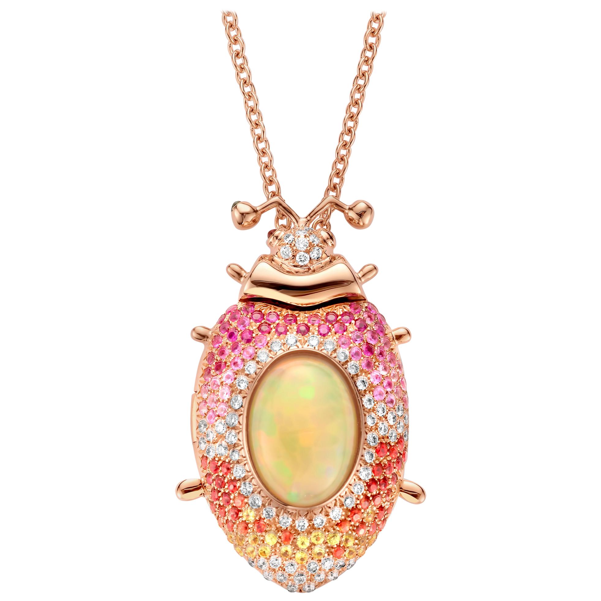 One of a kind lucky beetle necklace in 18 Karat rose gold 26,2g set with the finest diamonds in brilliant cut 0,62Ct (VVS/DEF quality) one natural, opal in oval cabochon cut 5.00Ct, pink and orange, yellow and pink sapphires in brilliant cut 1,45Ct.