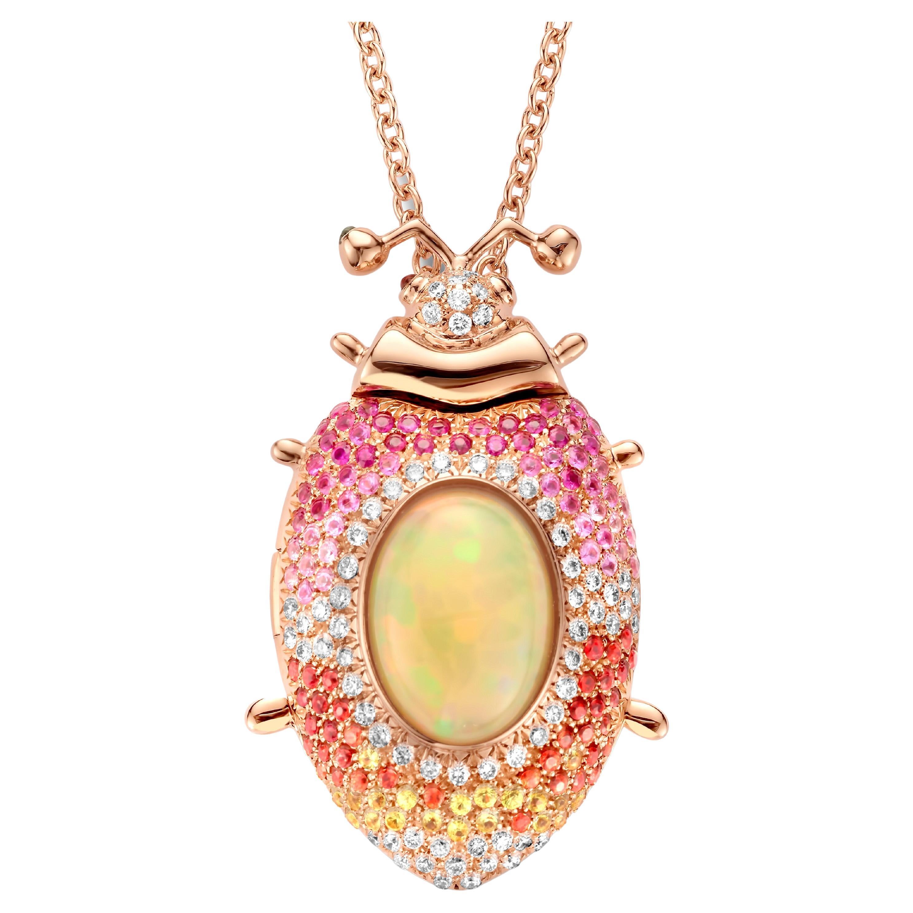 Collier pendentif en opale, saphir rose, jaune, orange et diamant de 5,00 carats