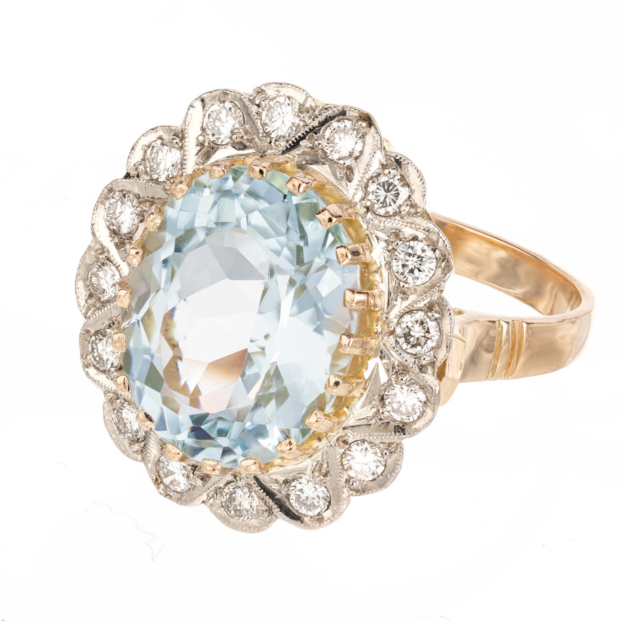 Oval Cut 5.00 Carat Oval Aquamarine Diamond Tri Color Gold Cocktail Ring For Sale