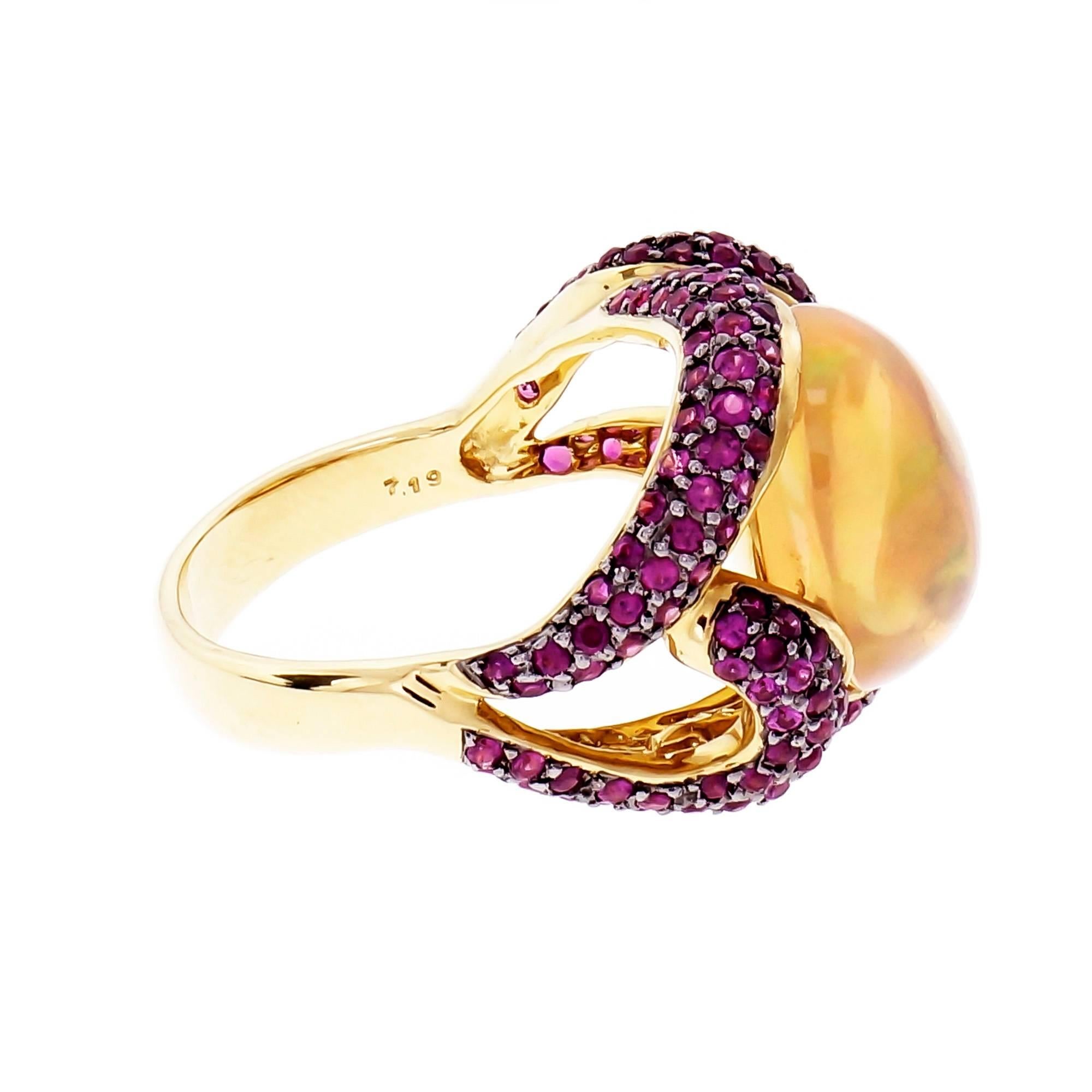 Oval Cut 5.00 Carat Oval Crystal Opal Ruby Swirl Gold Cocktail Ring For Sale