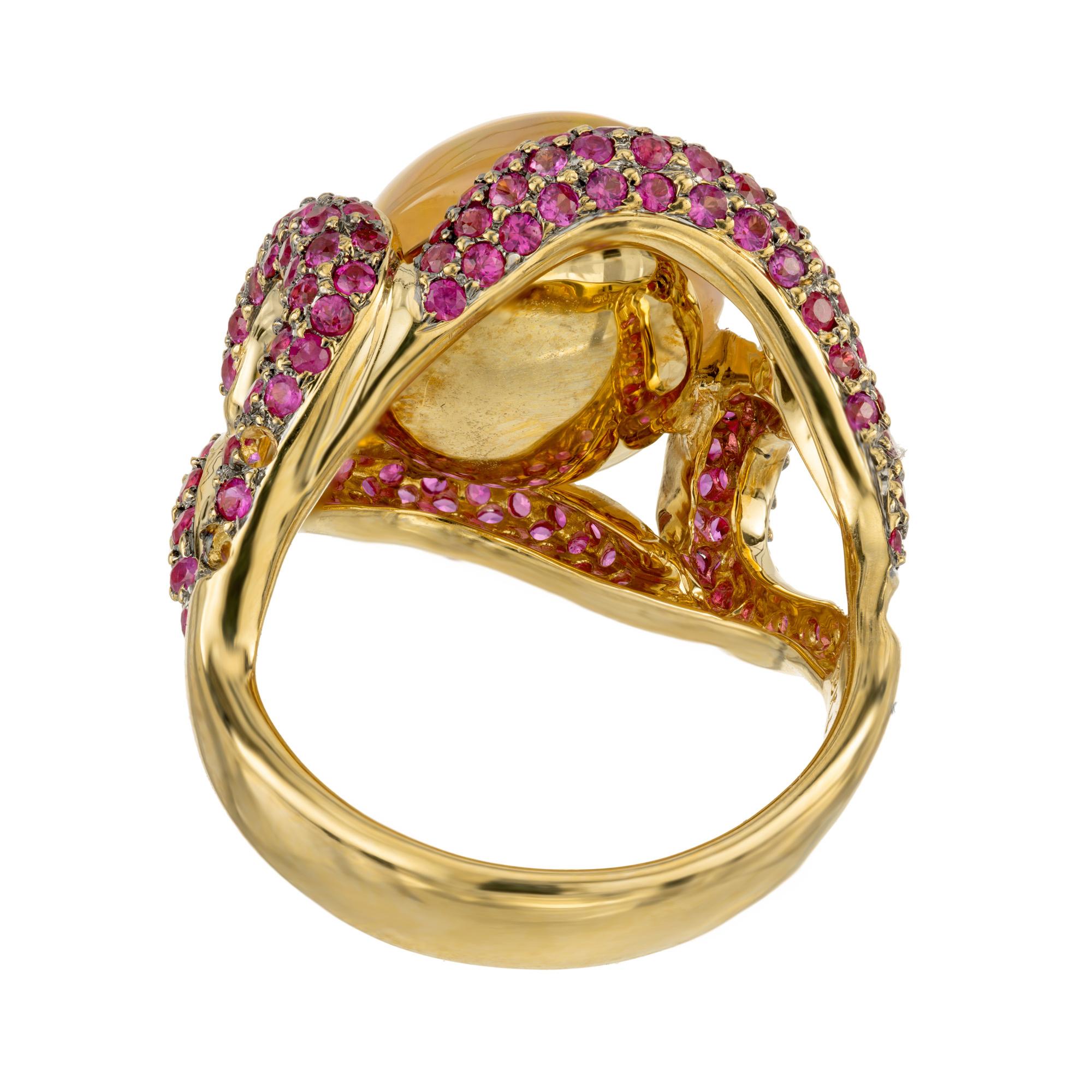 Women's 5.00 Carat Oval Crystal Opal Ruby Swirl Gold Cocktail Ring For Sale