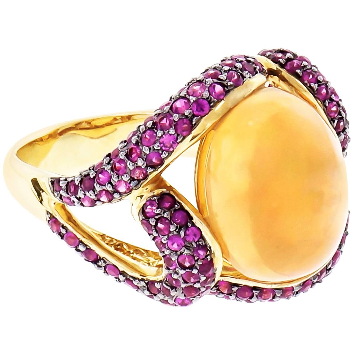 5.00 Carat Oval Crystal Opal Ruby Swirl Gold Cocktail Ring For Sale
