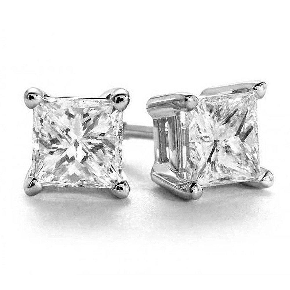 Each Stone is 2.50 carat which makes the total of 5 carat. The quality of the diamonds are H color with SI clarity . The classic princess cut diamond stud earrings comes in three different settings. The first and second pictures are four prongs, the
