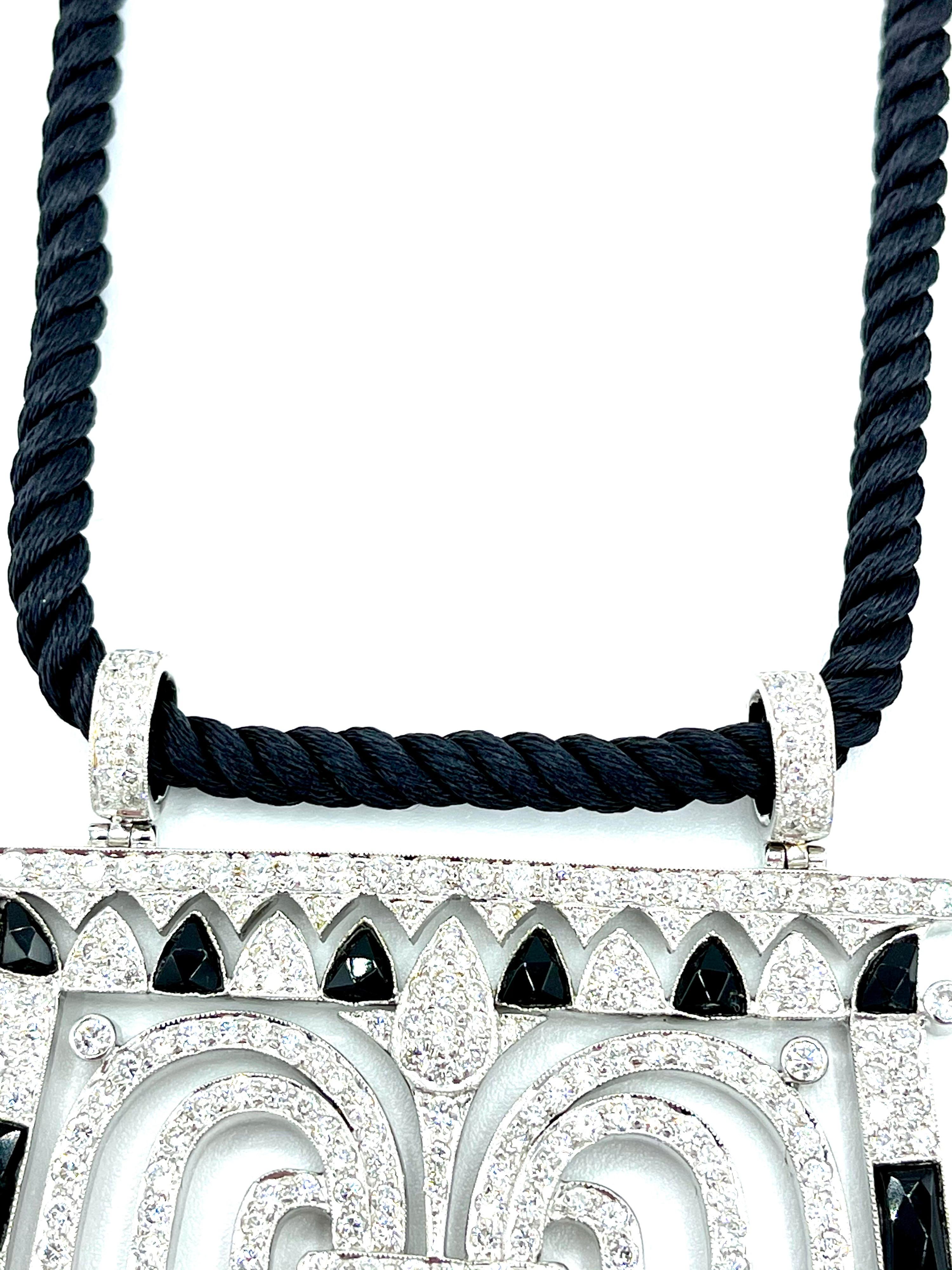 Modern 5.00 Carat Round Brilliant Diamond and Onyx White Gold Pendant on Silk Rope