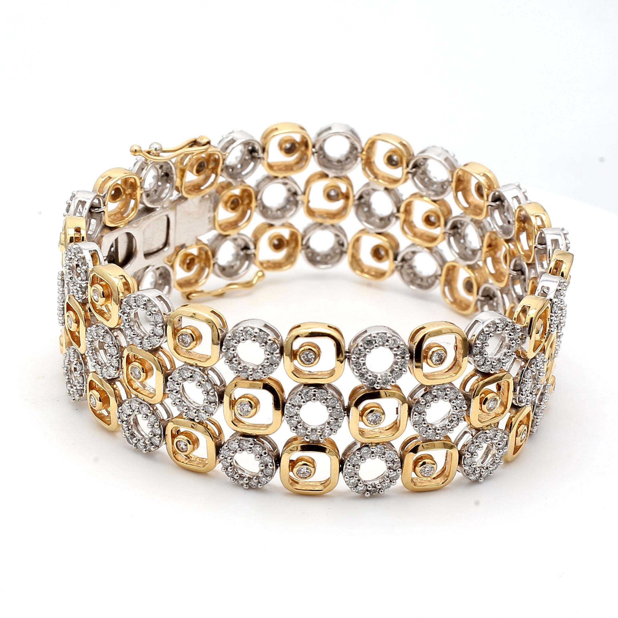 Taille brillant 5.00 Carat Round Brilliant G VS2 Diamond 14 Karat Two Tone Gold Link Bracelet en vente