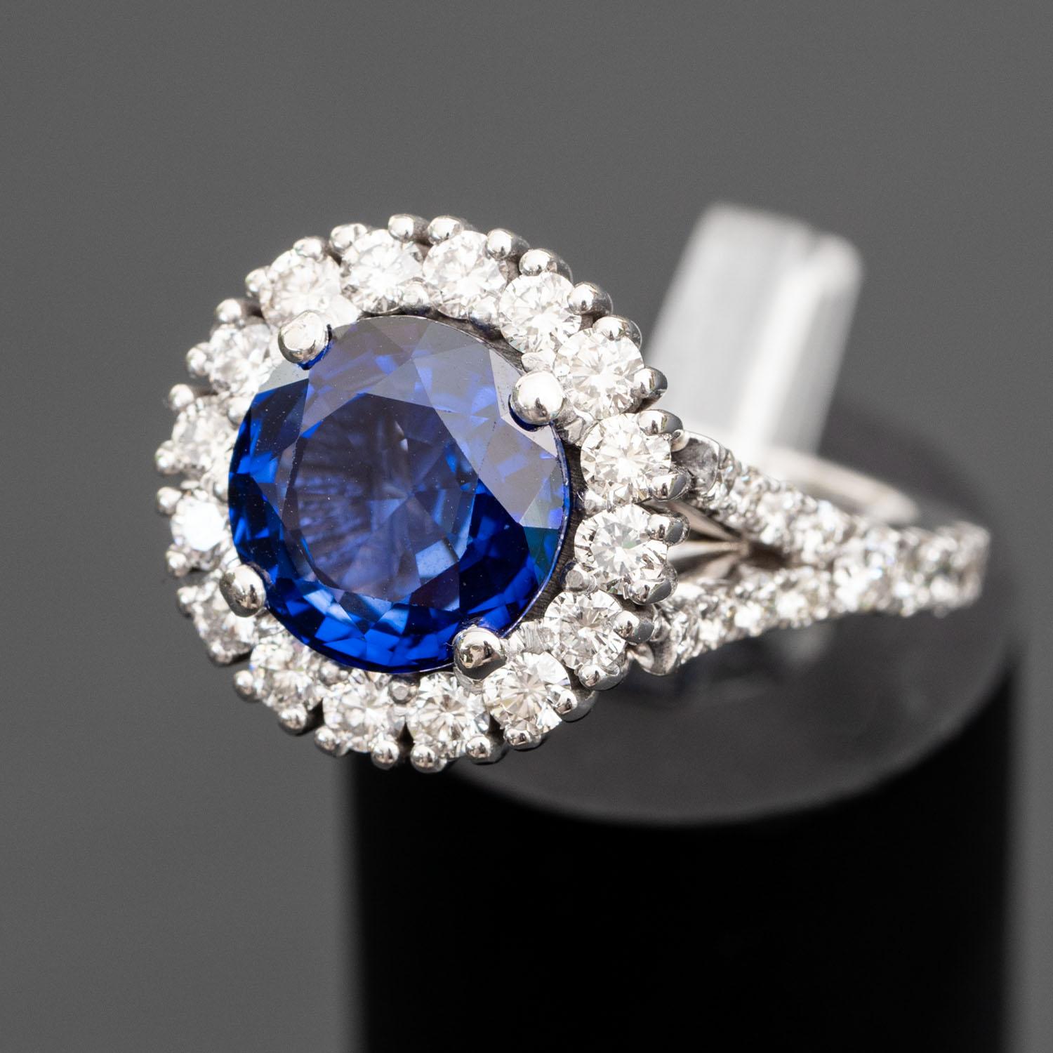 5,00 quilates zafiro redondo 1,56 quilates diamantes naturales anillo declaración Art Decó en venta