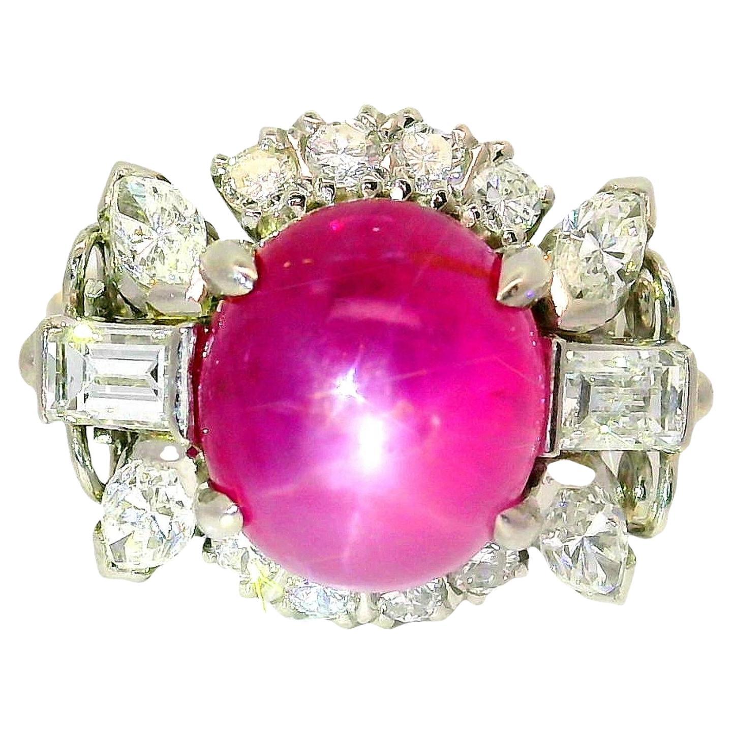 Anello di platino con diamante e rubino a stella da 5.00 carati