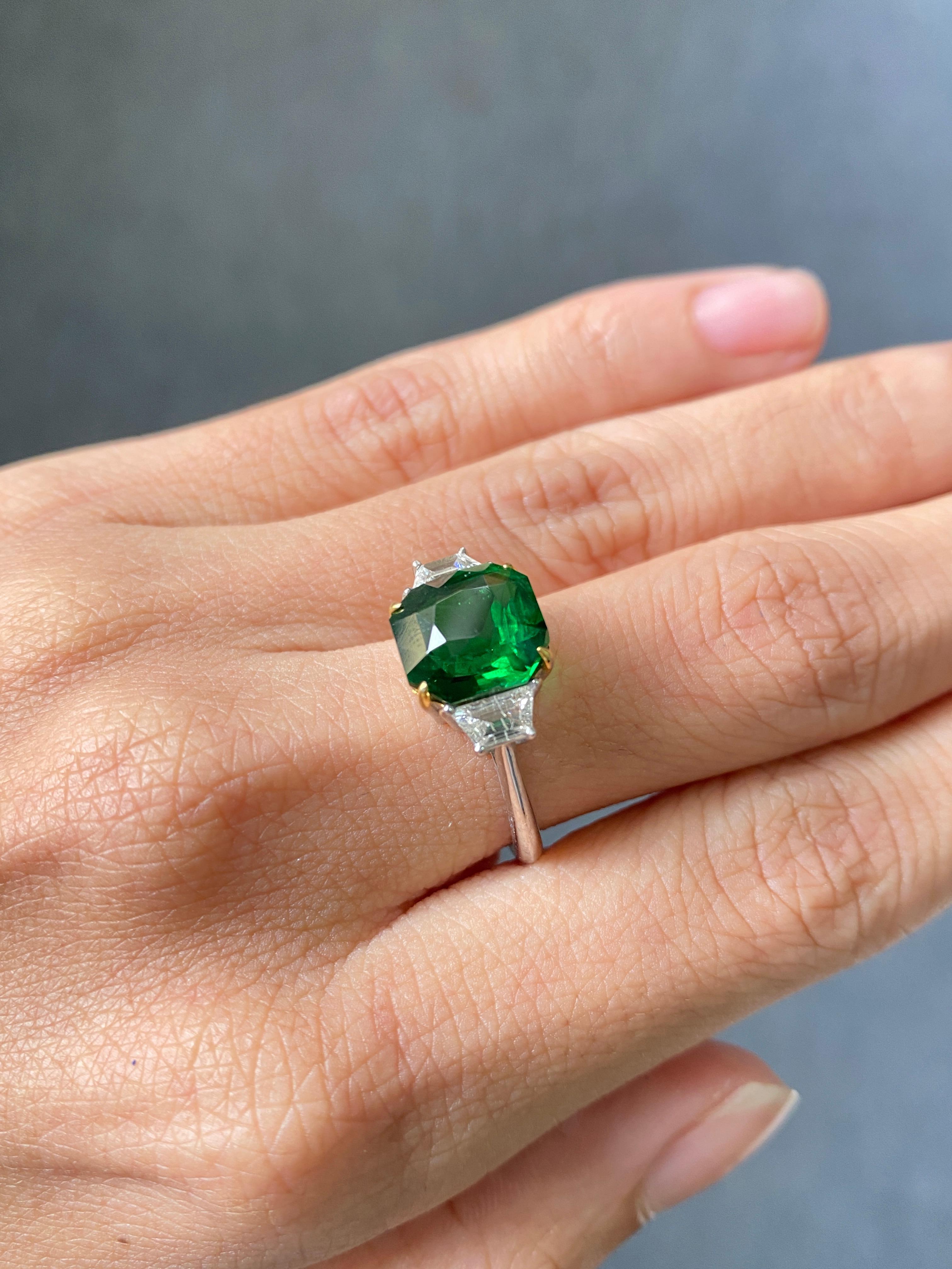 Emerald Cut 5.00 Carat Tsavorite and Diamond Three-Stone Engagement Ring