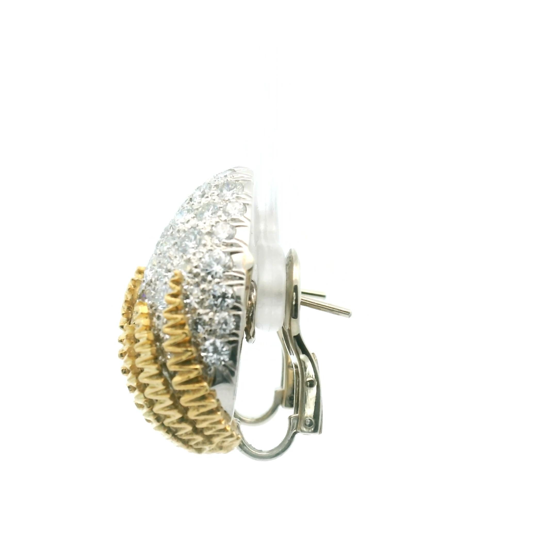 Very unusual, Estate Egg Shape Diamond, Button Style earrings. This extraordinary piece is handmade in both 18k (750 hallmark) and Platinum. These earclips feature a Three-dimensional design set with 5.00 carats of fine white round brilliant cut