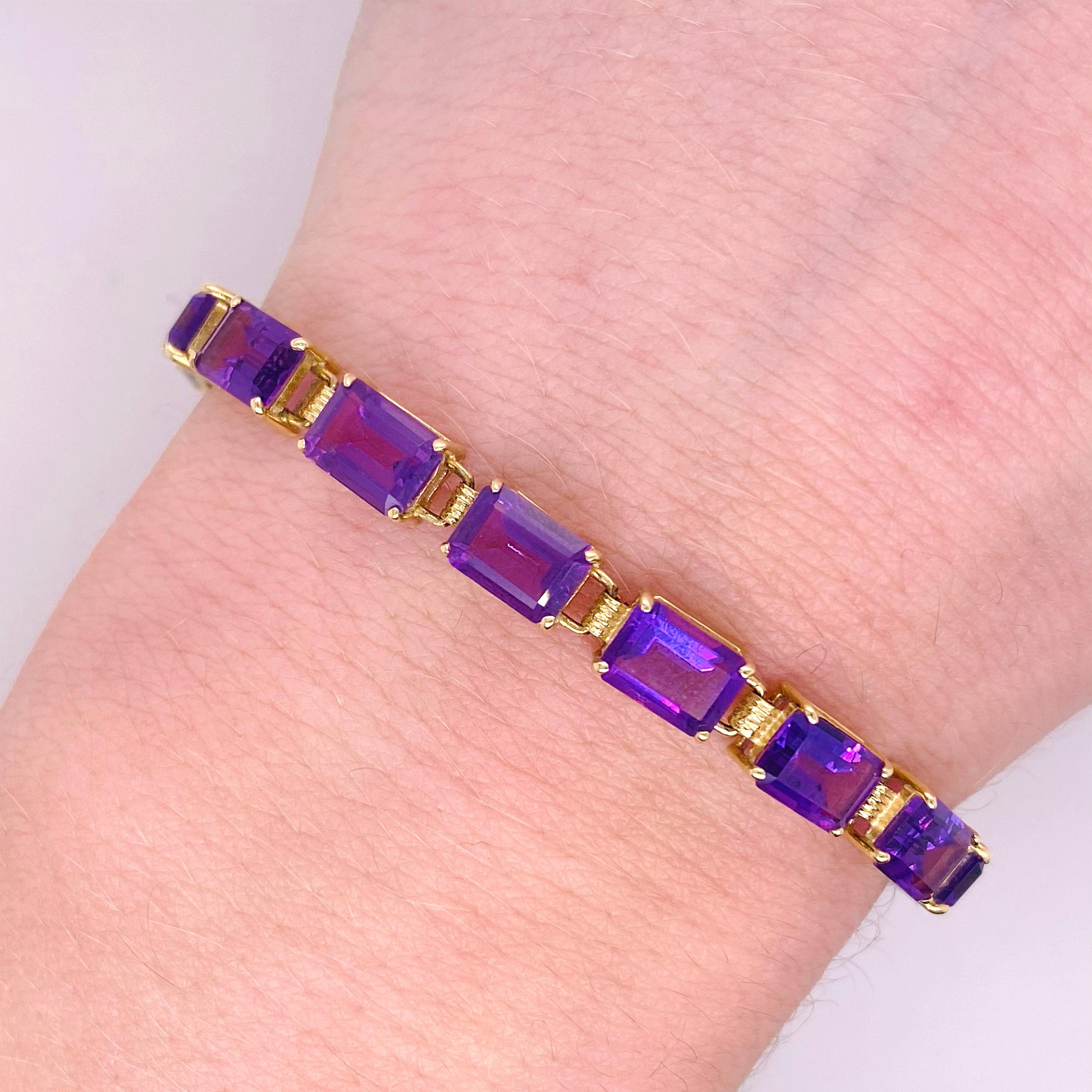 The 5.00 carat total weight amethyst tennis bracelet is handcrafted in 14 karat yellow gold.  The gemstones are nice and large and made from four prong baskets that have been skillfully assembled to each other .The bracelet is 7 inches long and fits