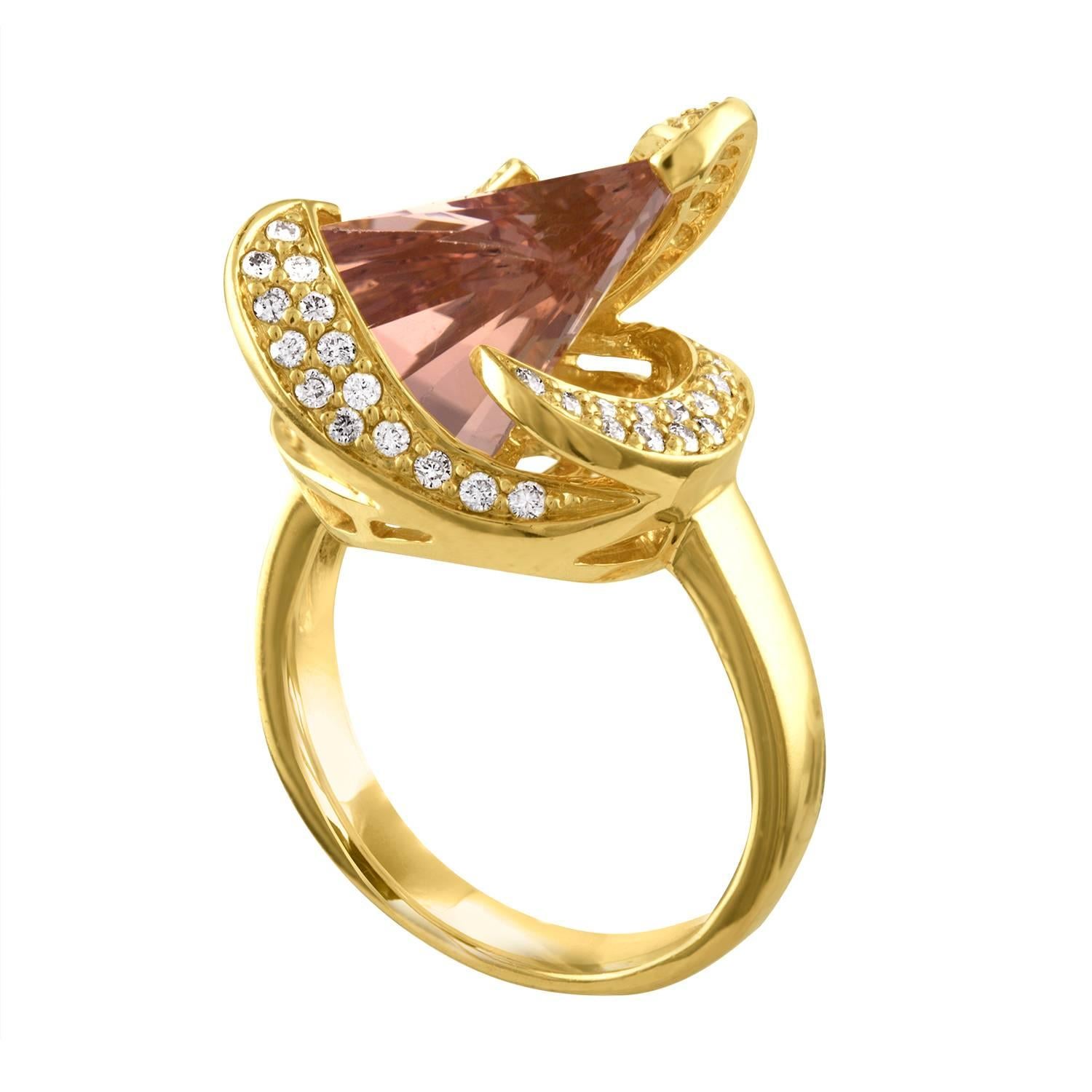 5.00 Carat Axe Cut Morganite and Diamond Gold Ring