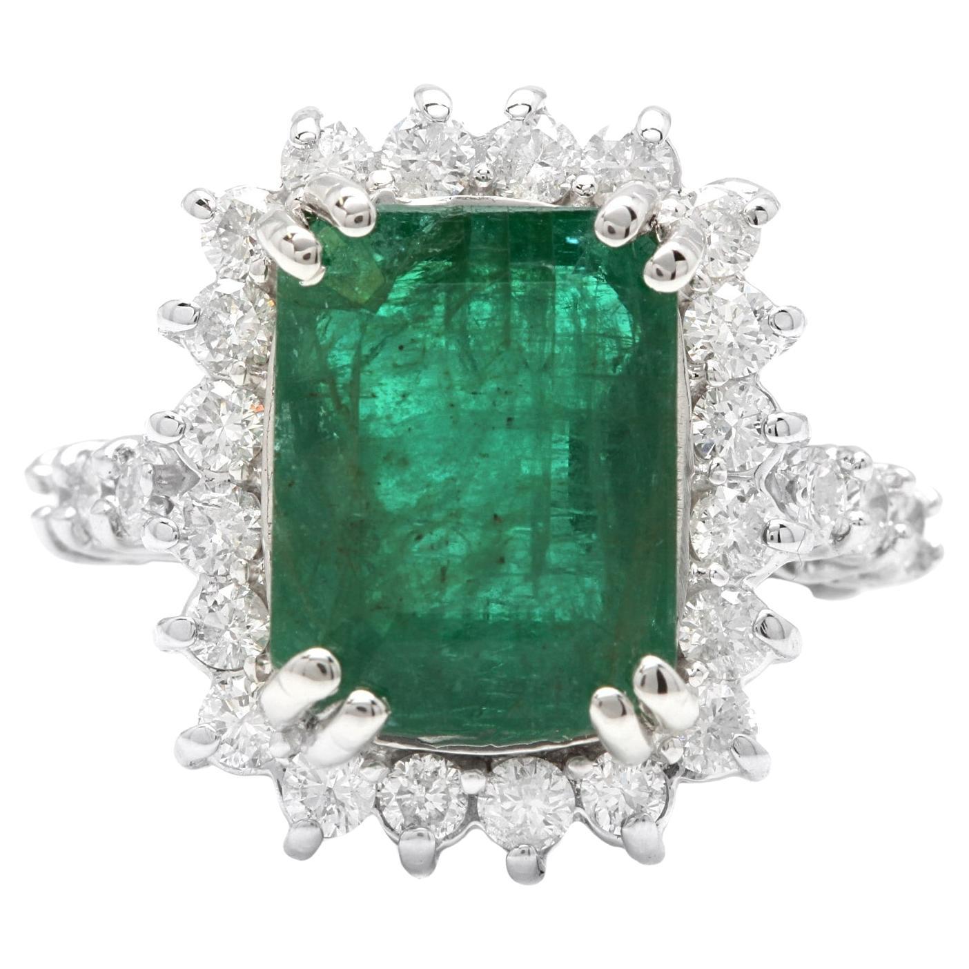 5.00 Carats Natural Emerald and Diamond 14K Solid White Gold Ring For Sale