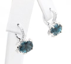 5.00 Carats Natural London Blue Topaz and Diamond 14k Solid White Gold Earrings