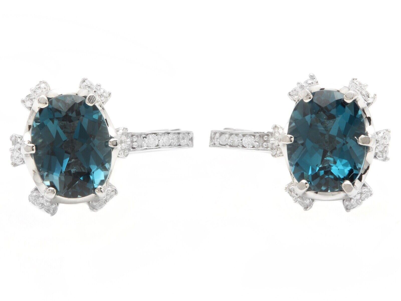 Round Cut 5.00 Carats Natural London Blue Topaz and Diamond 14k Solid White Gold Earrings For Sale