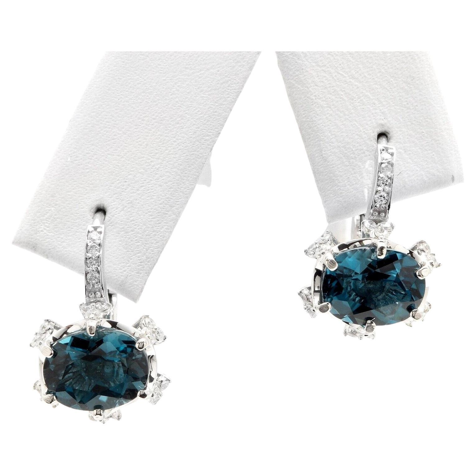 5.00 Carats Natural London Blue Topaz and Diamond 14k Solid White Gold Earrings For Sale