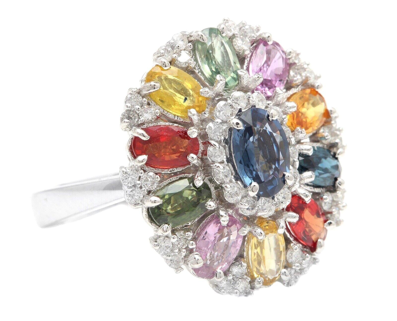 5,00 Karat Natürliche Multi-Color Saphir und Diamant 14K Solid White Gold Ring

Empfohlener Wiederbeschaffungswert: $7.000,00

Total Natural Oval Cut Multi-Color Sapphires Gewicht ist: Ca. 4,44 Karat 

Zentrum Blauer Saphir Maßnahmen: 7.00 x 5.00