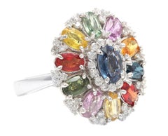 5.00 Carats Natural Multi-Color Sapphire and Diamond 14K Solid White Gold Ring