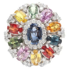 5.00 Carats Natural Multi-Color Sapphire and Diamond 14K Solid White Gold Ring