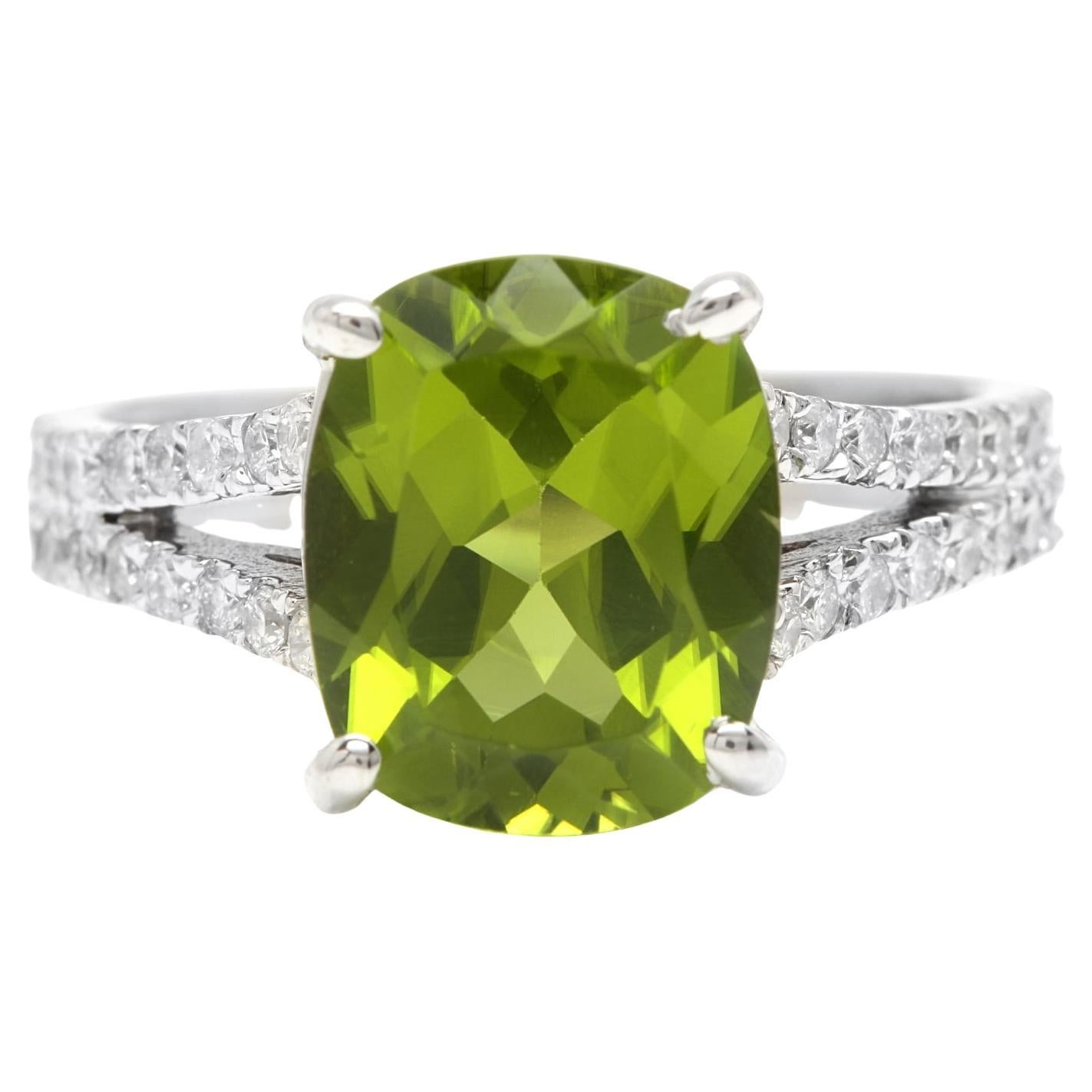5.00 Carats Natural Peridot and Diamond 14K Solid White Gold Ring For Sale