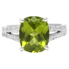 5.00 Carats Natural Peridot and Diamond 14K Solid White Gold Ring