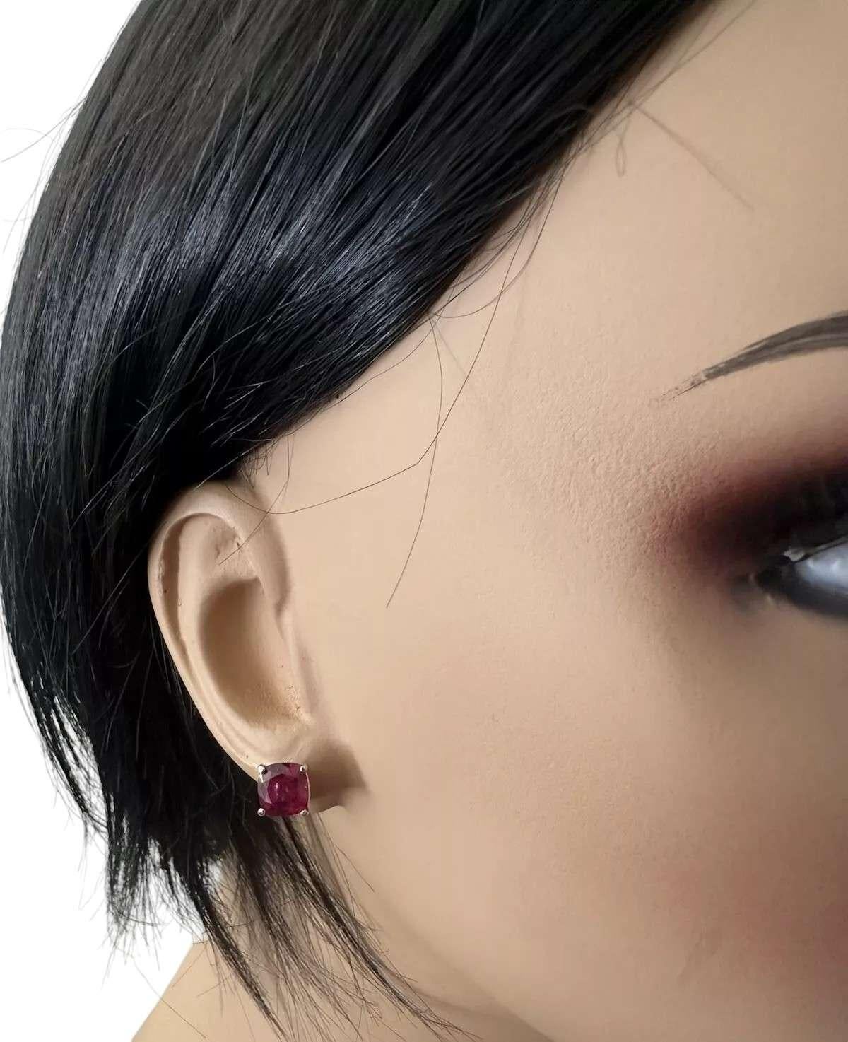 Cushion Cut 5.00 Carats Red Ruby 14K Solid White Gold Stud Earrings For Sale
