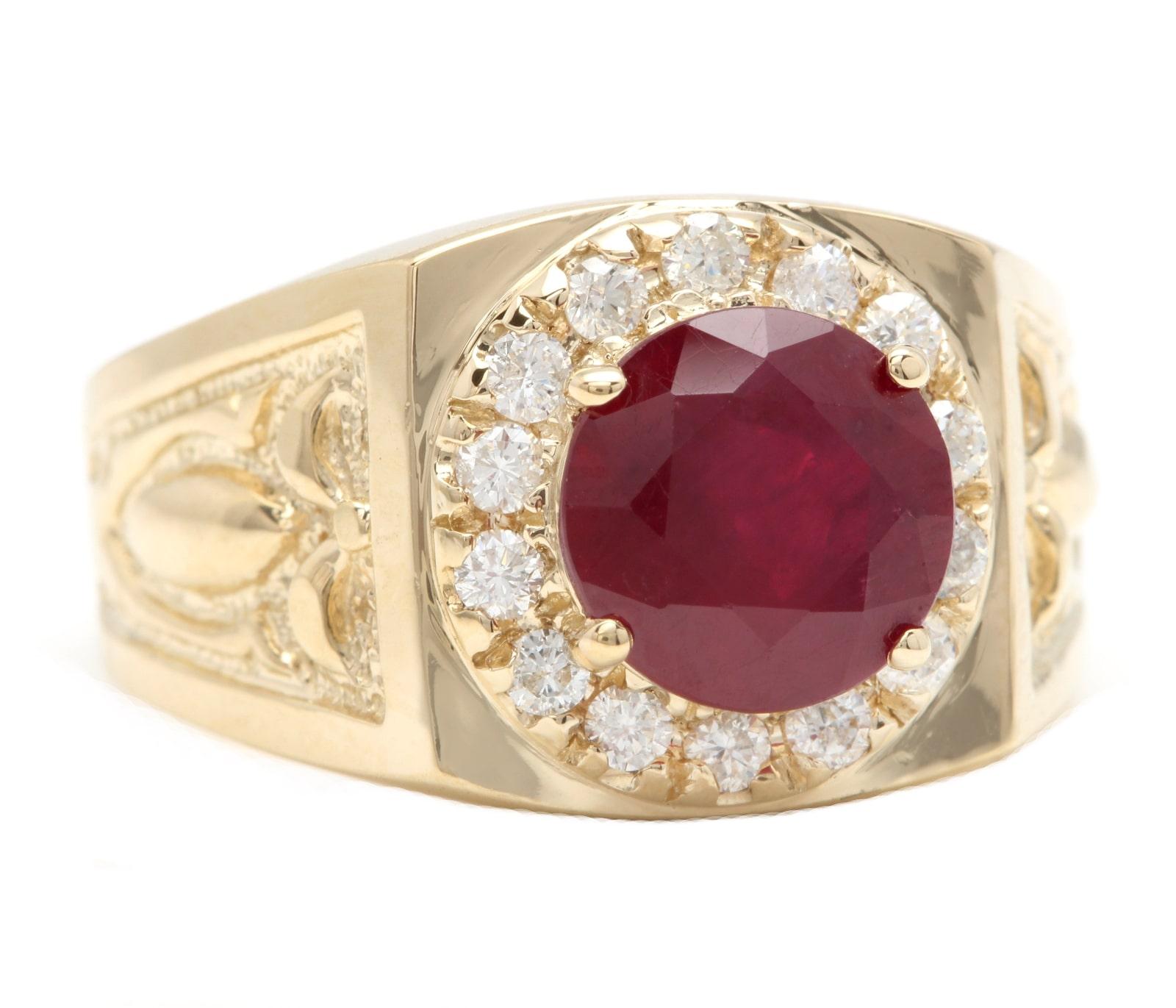 5.00 Carats Impressive Red Ruby and Natural Diamond 14K Solid Yellow Gold Men's Ring

Suggested Replacement Value: $6,500.00

Total Red Ruby Weight is: Approx. 4.50 Carats 

Ruby Measures: Approx. 9.20mm

Ruby Treatment: Lead Glass Filling

Natural