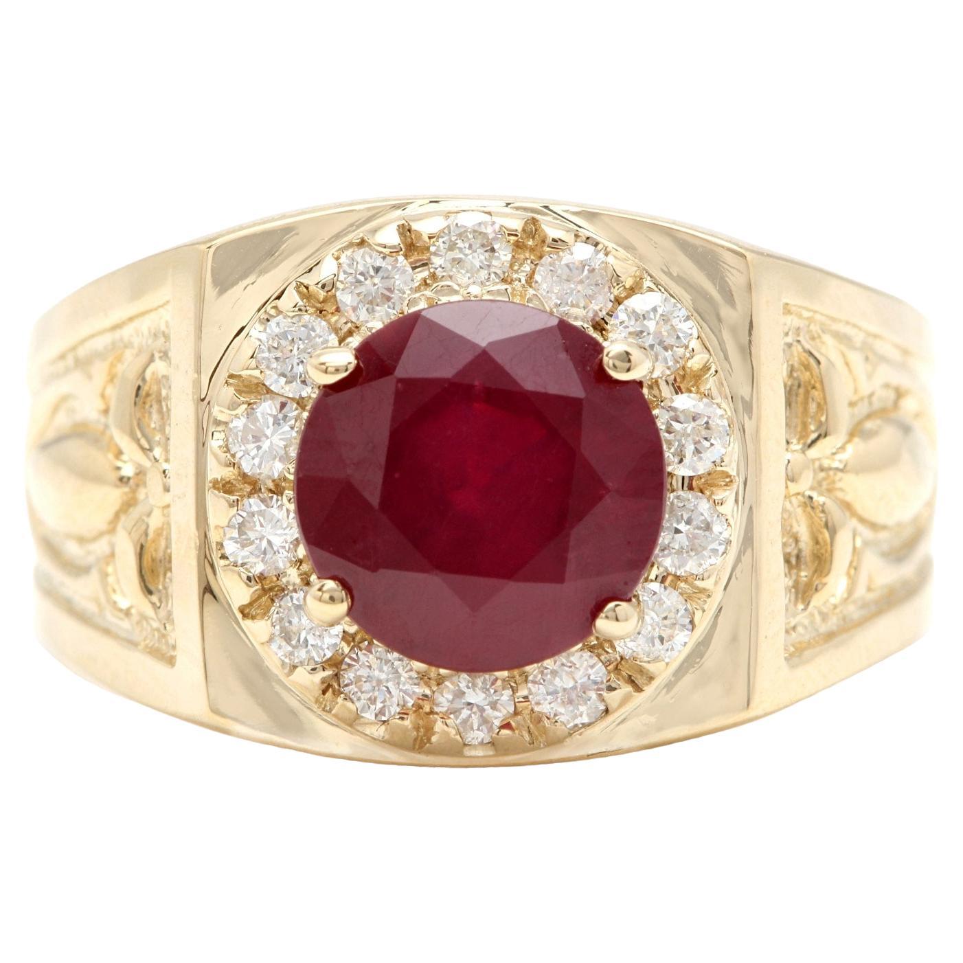 5.00 Carats Red Ruby and Diamond 14K Solid Yellow Gold Men's Ring For Sale