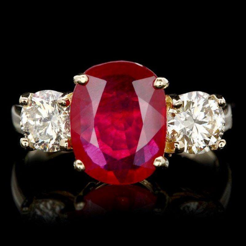 5.00 Carats Impressive Red Ruby and Natural Diamond 14K Solid Yellow Gold Ring

Total Red Ruby Weight is: Approx. 4.00 Carats

Ruby Measures: Approx. 10.00 x 8.00mm

Ruby treatment: Fracture Filling

Natural Round Diamonds Weight: Approx. 1.00