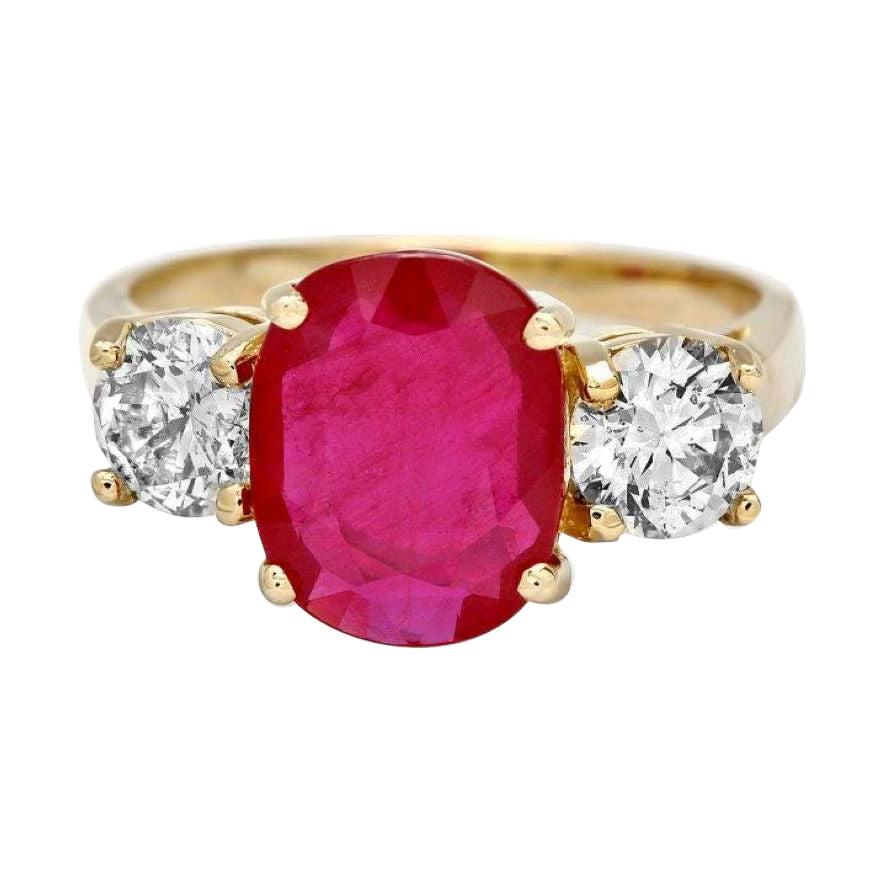 5.00 Carats Red Ruby and Natural Diamond 14k Solid Yellow Gold Ring For Sale