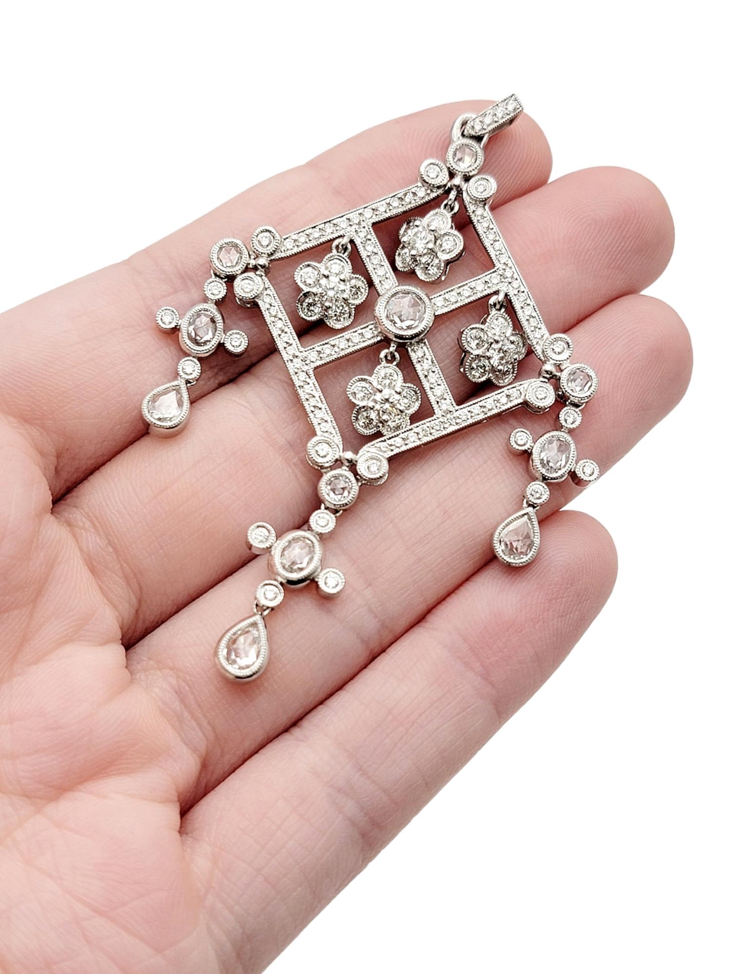 5.00 Carats Total Diamond Flower Detail Drop Chandelier Pendant in 14 Karat Gold For Sale 5