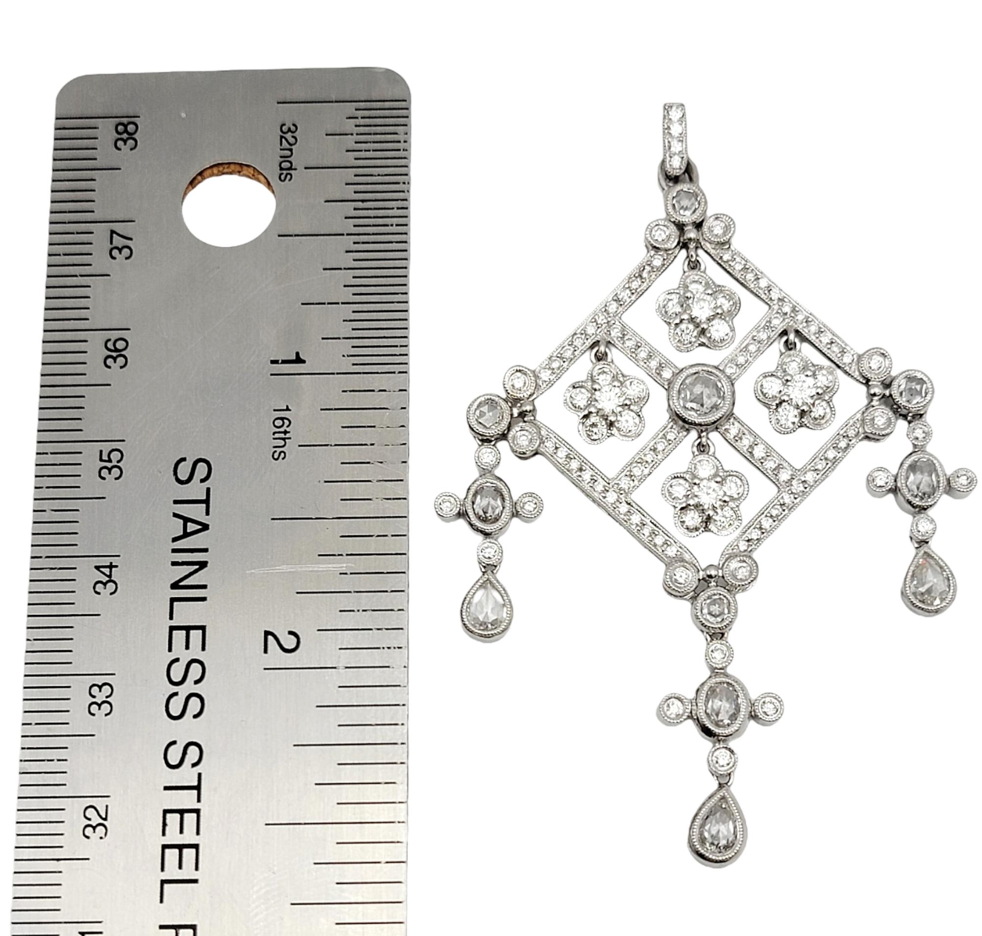 5.00 Carats Total Diamond Flower Detail Drop Chandelier Pendant in 14 Karat Gold For Sale 6