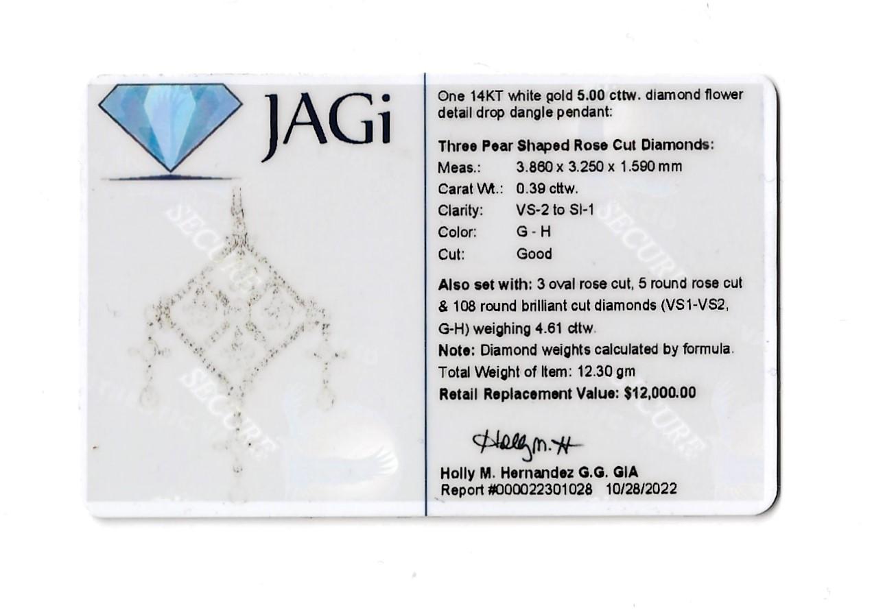 5.00 Carats Total Diamond Flower Detail Drop Chandelier Pendant in 14 Karat Gold For Sale 7